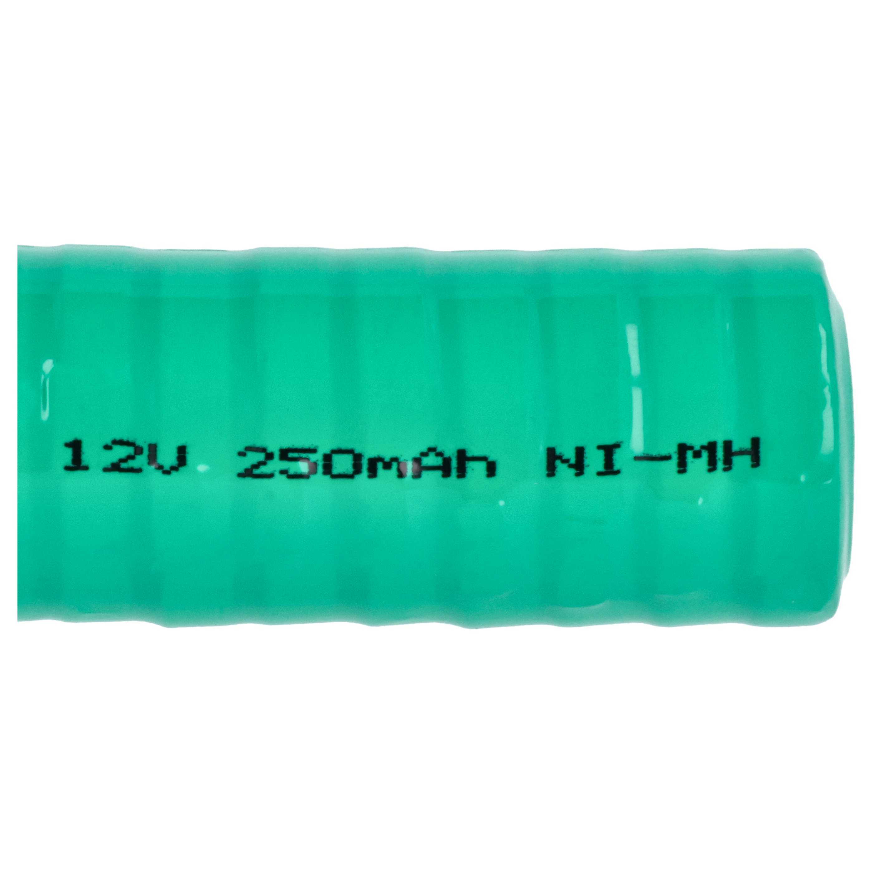Eine grüne zylindrische Batterie mit Text: 12V 250mAh NI-MH. Weißer Hintergrund.