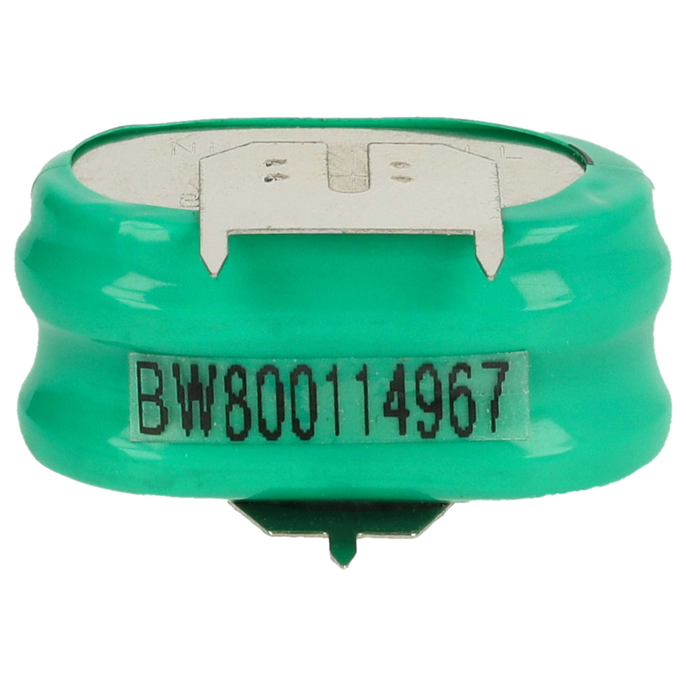 Eine grüne Batterie mit silberner Oberseite und einem Etikett mit 'BW800114967'. Auf weißem Hintergrund.