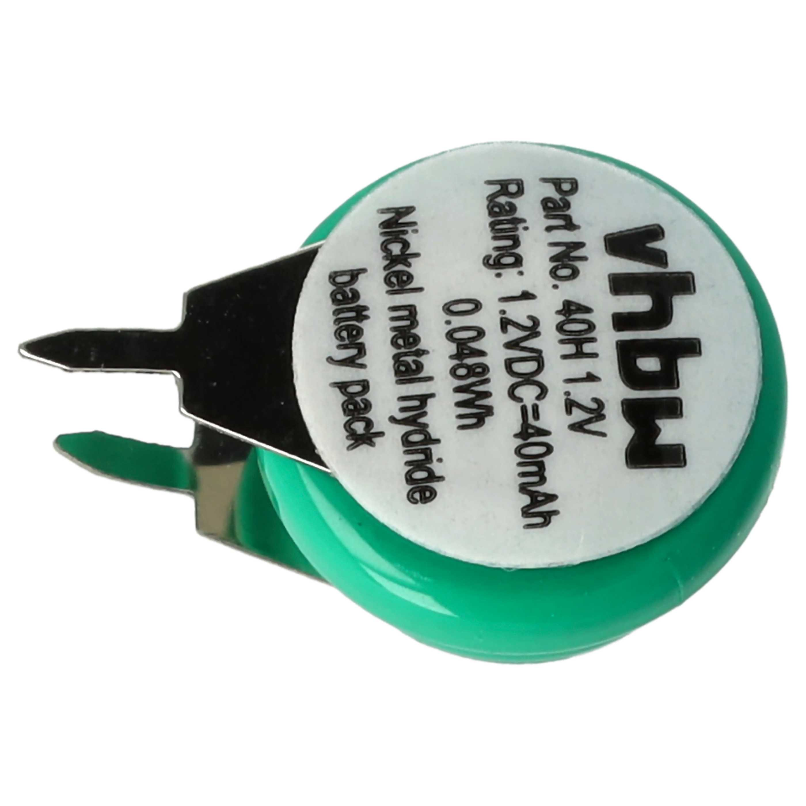 Eine grüne und weiße Batterie mit Metallfahnen. Auf der Batterie steht 'vhbw', '1,2VDC=40mAh' und 'Nickel-Metallhydrid'.