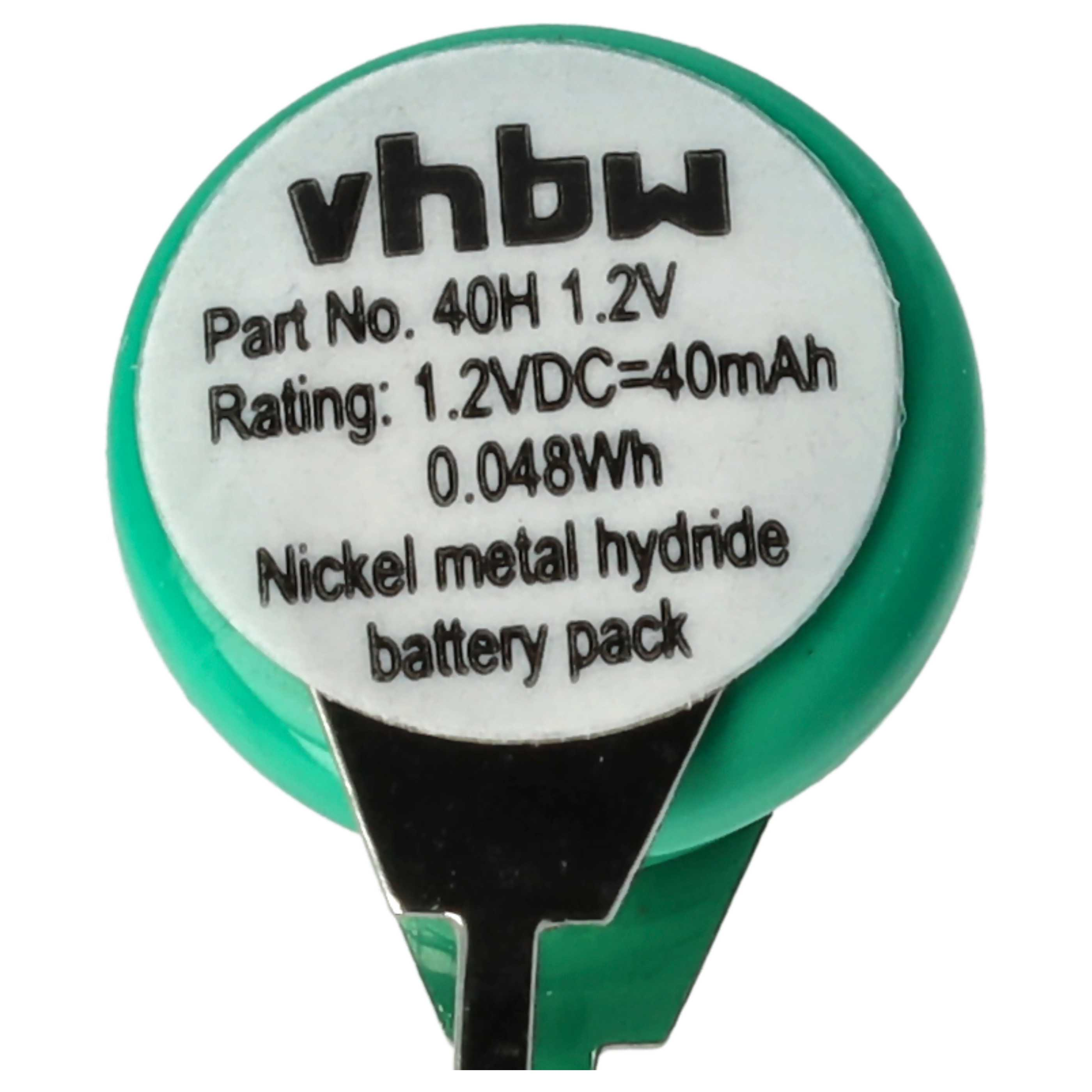 Ein runder Akku mit weißem Etikett und grünem Rand. Auf dem Etikett steht: vhbw, Art.-Nr., Bewertung und Nickel-Metallhydrid-Akkupack.