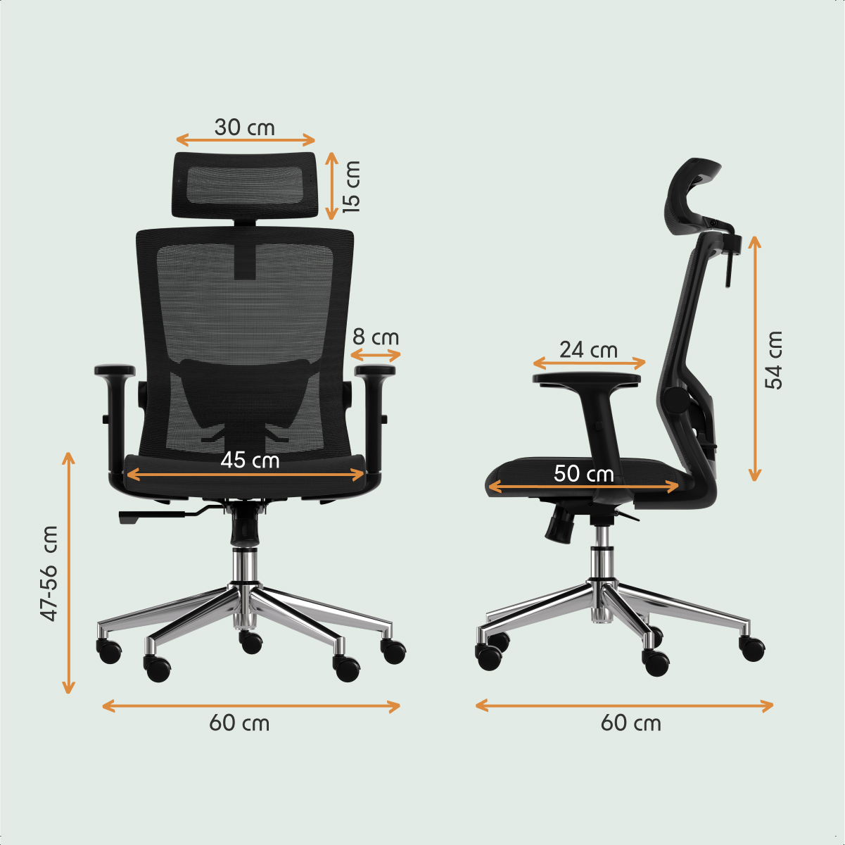 Two views of an office chair. Dimensions are labeled. Black mesh back and seat, chrome base. Measurements: 60cm, 45cm, 50cm, etc.