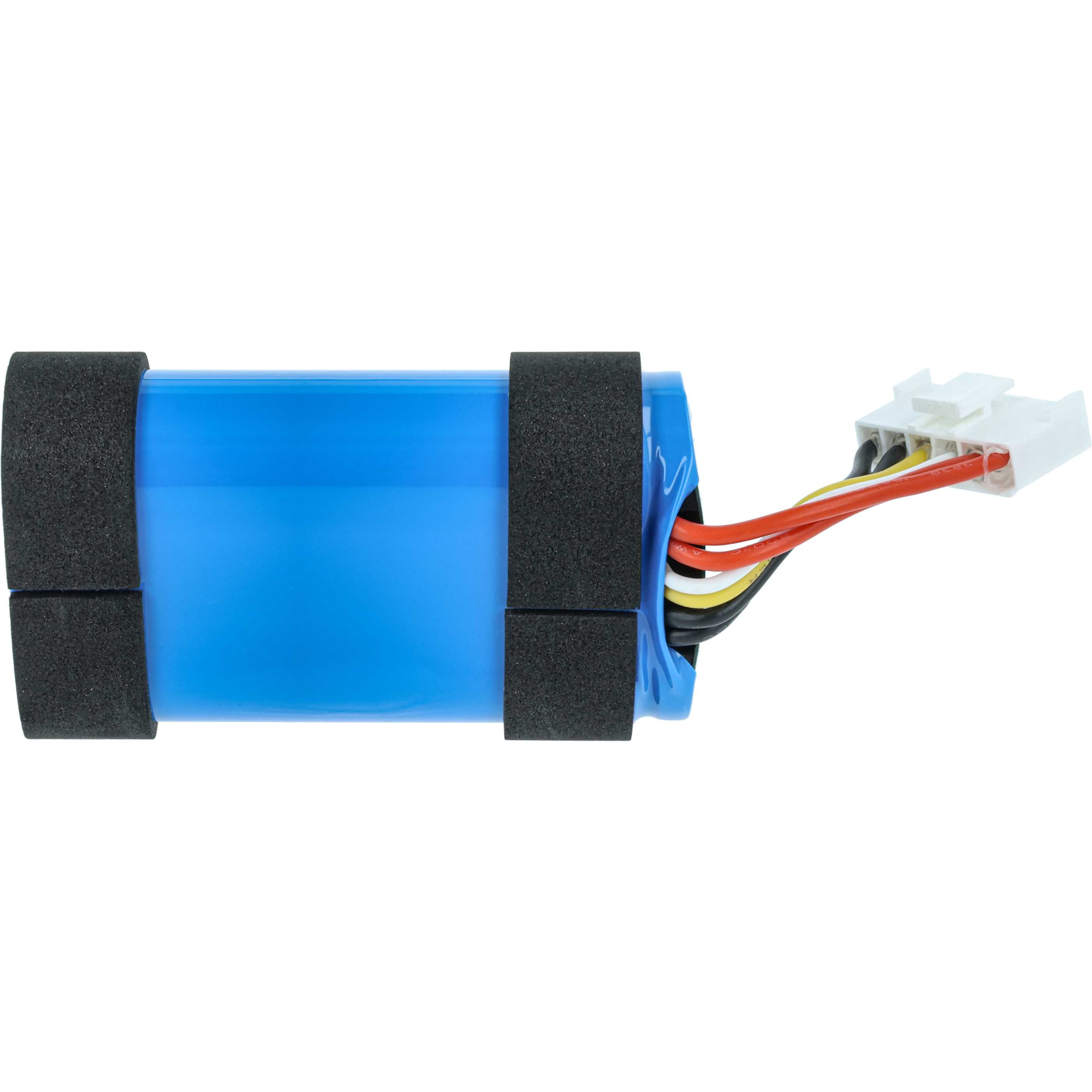 Ein blaues zylindrisches Objekt mit schwarzer Schaumstoffpolsterung und Drähten mit einem weißen Stecker.