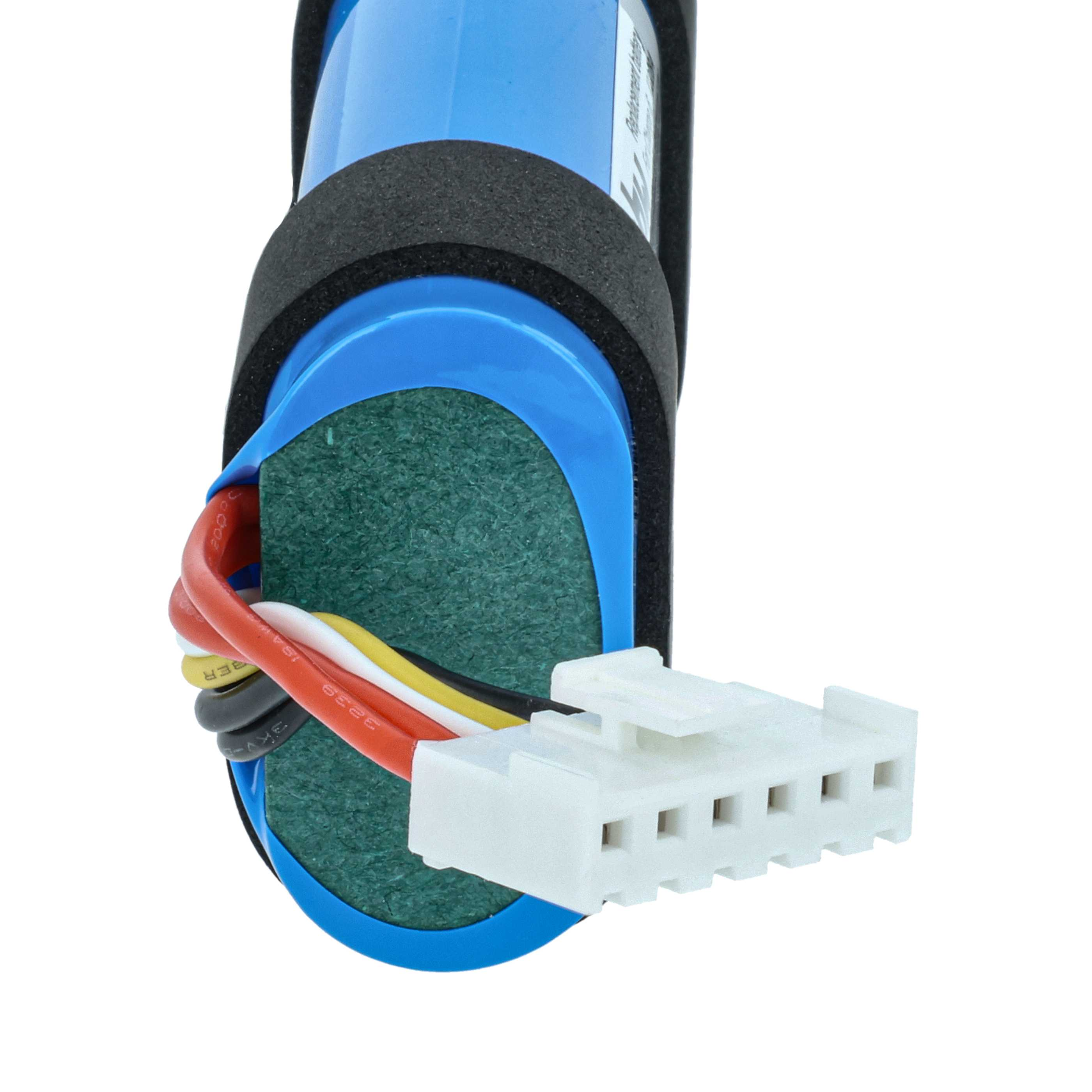 Eine blaue Batteriezelle mit schwarzem Schaumstoffwickel und einem weißen Stecker. Rote, gelbe, schwarze und weiße Drähte sind befestigt.