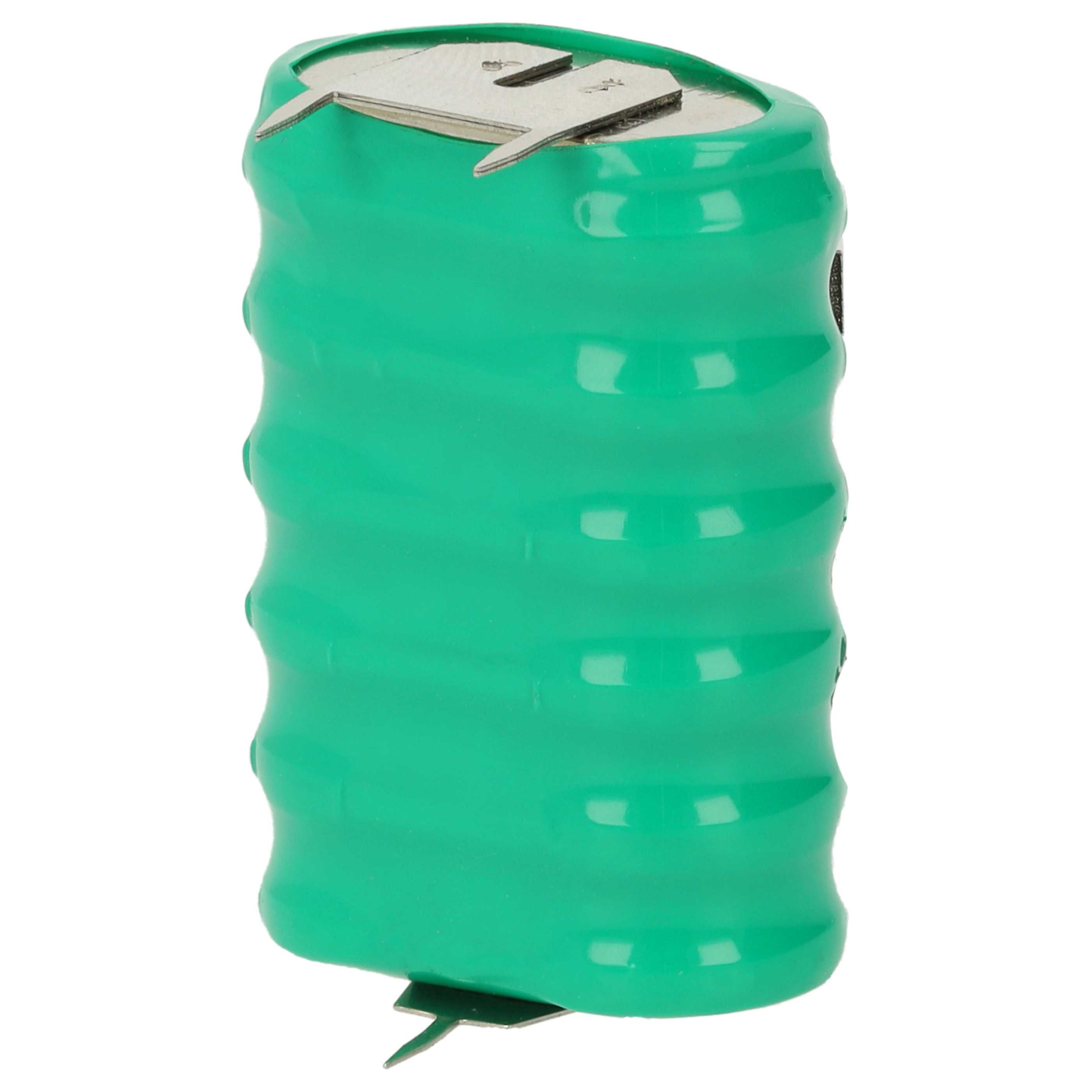 Eine grüne Batteriezelle mit Metallkontakt oben und unten auf weißem Hintergrund.