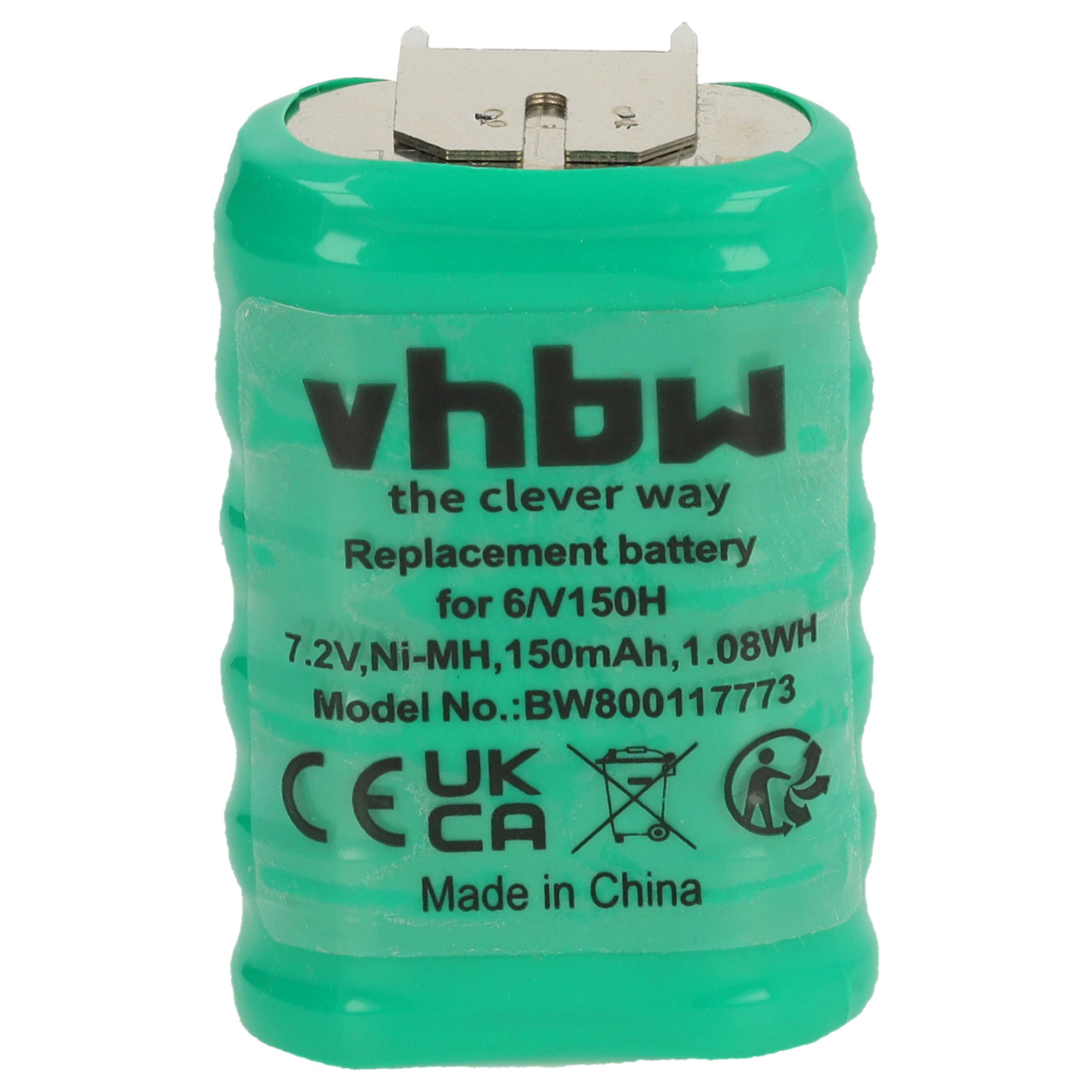 Eine grüne vhbw Ersatzbatterie. Details umfassen 7,2V, Ni-MH, 150mAh, 1,08WH. Text zeigt, dass sie in China hergestellt wurde.