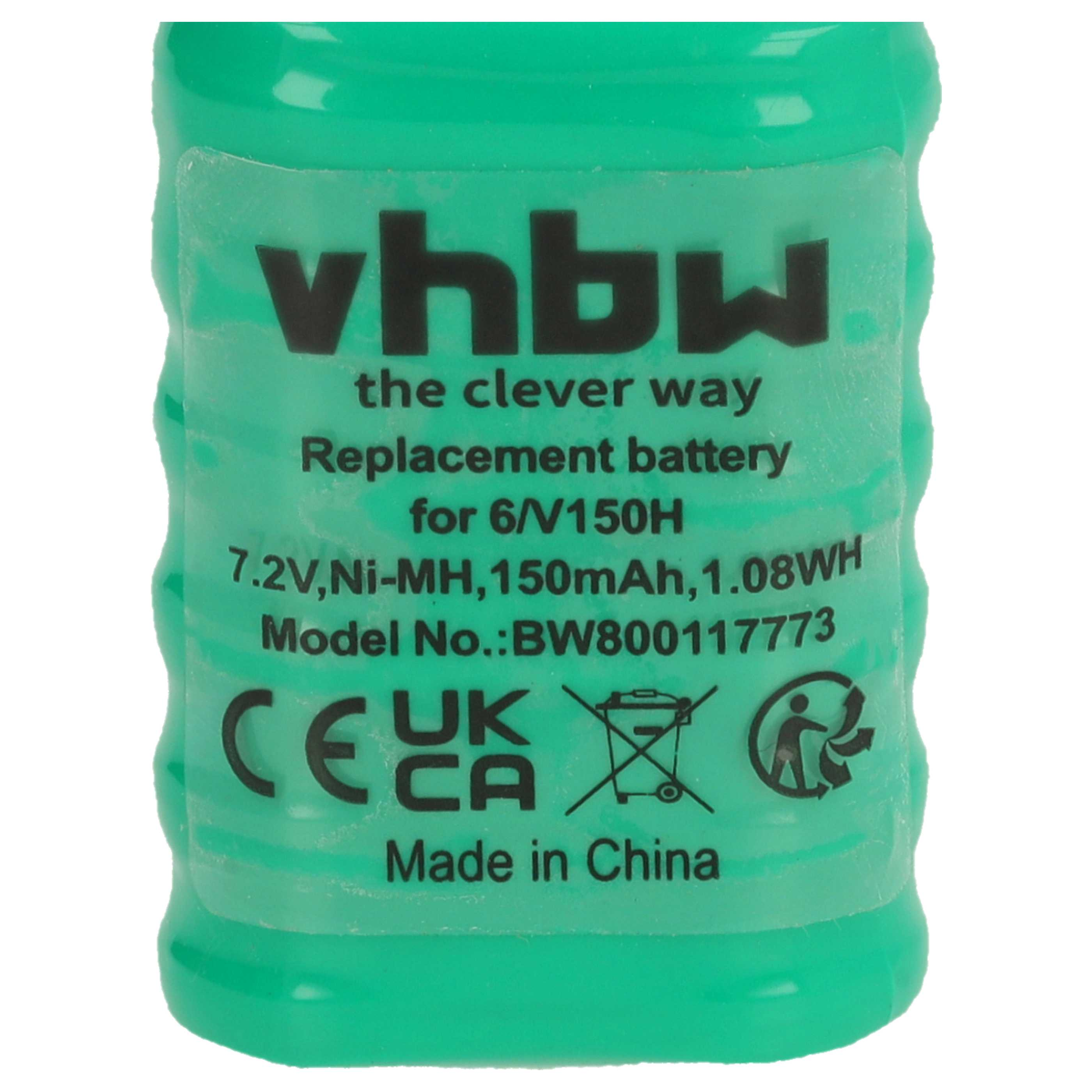 Eine grüne Batterie mit schwarzem Text. Es steht 'vhbw' und 'Ersatzbatterie'. Außerdem 'Made in China'.