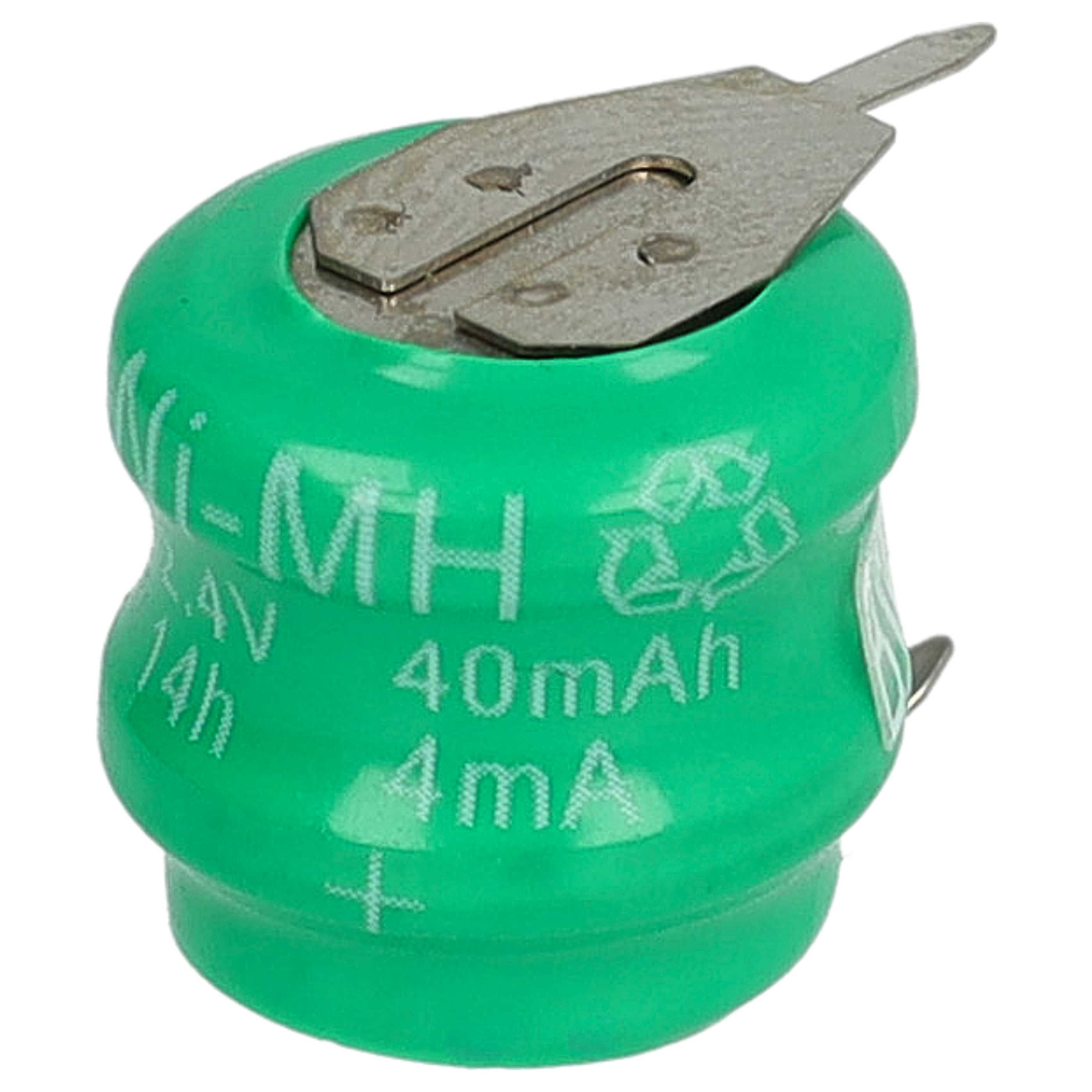 Eine grüne Ni-MH-Batterie mit einer silbernen Metallzunge. Sie hat aufgedruckten Text mit Spannungs- und Kapazitätsangaben.