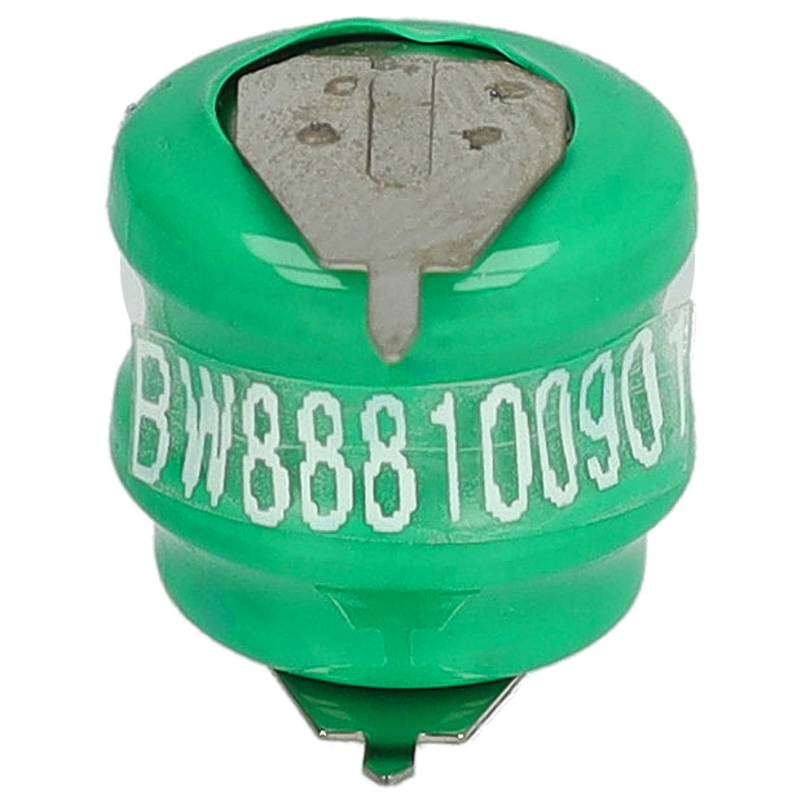 Eine grüne zylindrische Batterie mit weißem Text. Oben und unten befindet sich ein Metallkontakt.
