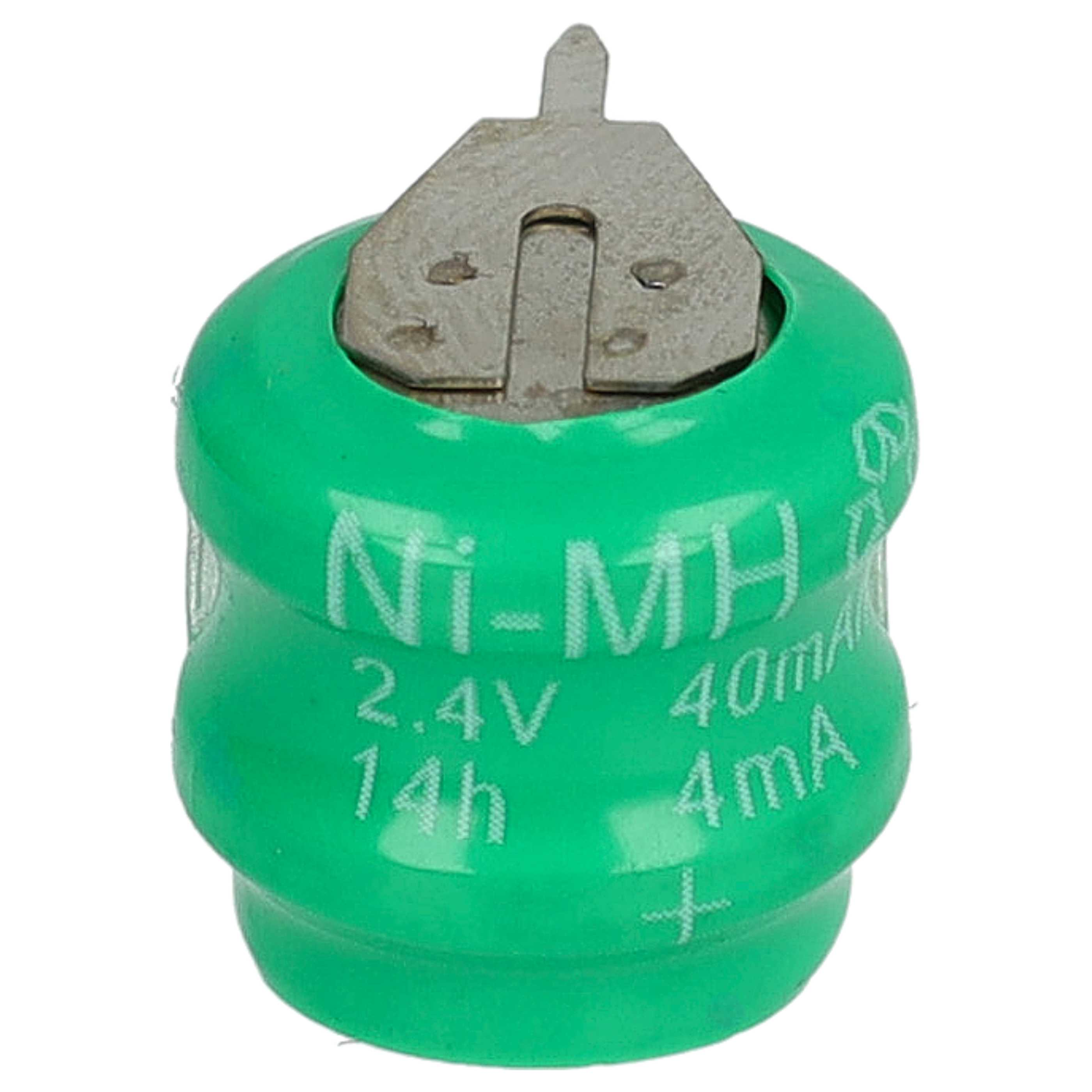 Eine grüne Ni-MH-Batterie mit einem silbernen Metallanschluss. Text auf der Batterie zeigt 2,4 V, 14 h und 40 mA, 4 mA.