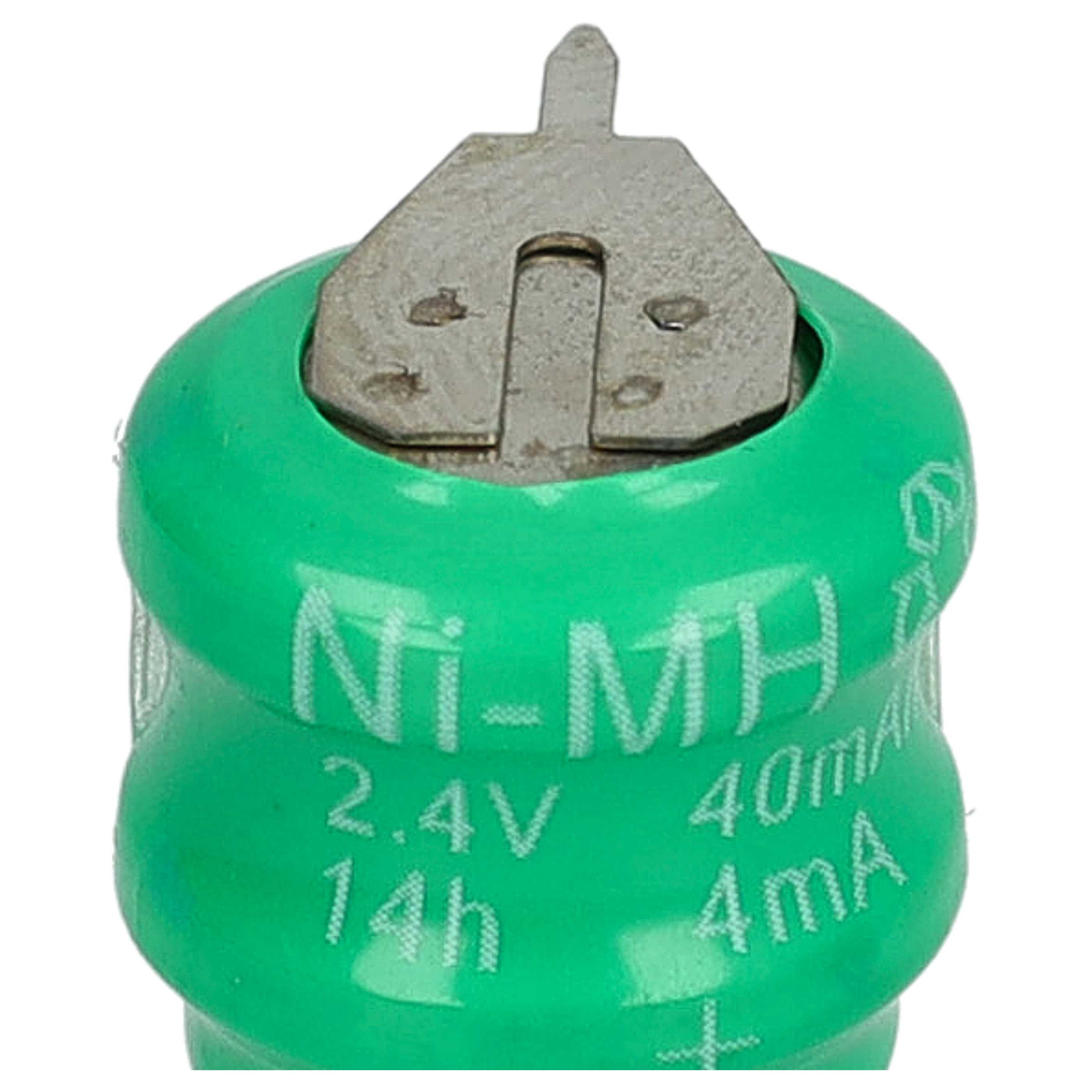 Nahaufnahme einer grünen Ni-MH-Batterie mit silbernem Metallaufsatz. Die Batterie hat Text, der Spannung und Kapazität angibt.