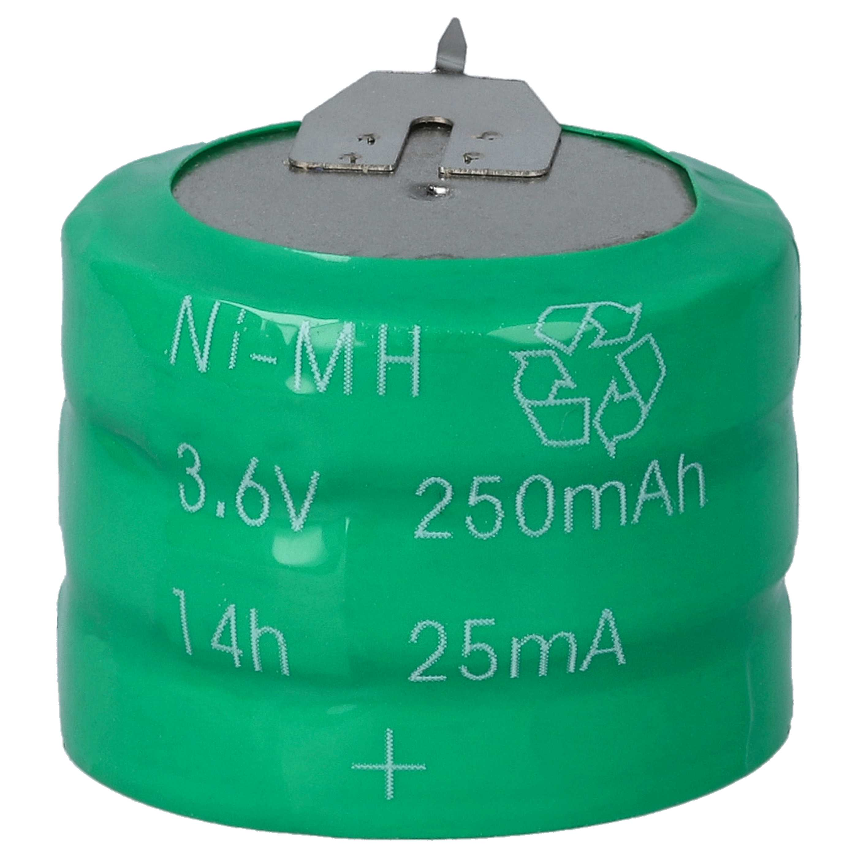Grüne Ni-MH-Batterie mit 3,6 V, 250 mAh und einem Recycling-Symbol. Metalloberteil mit Lasche.