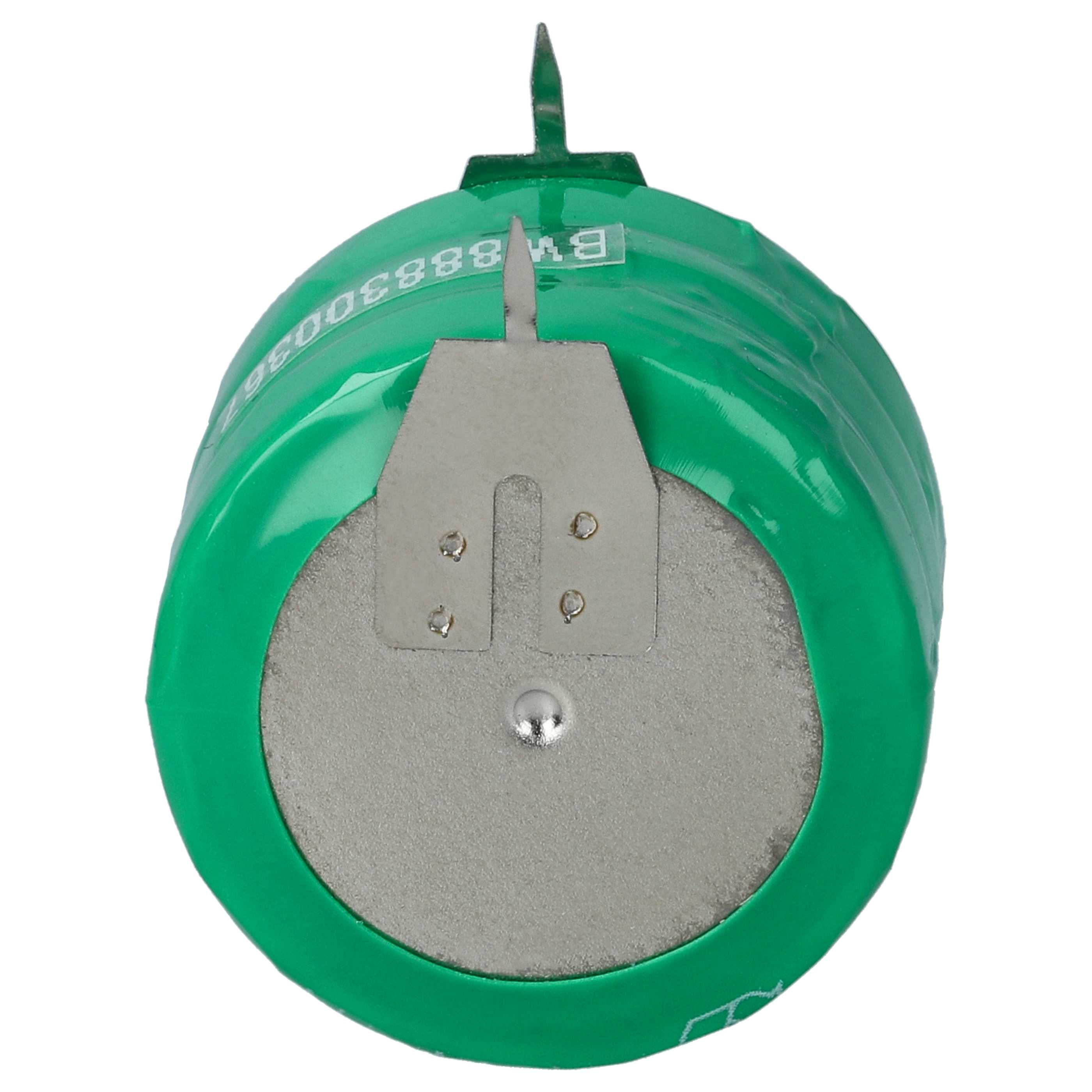 Eine grüne Batterie mit einer silbernen Metalloberseite und einer grünen Plastikverpackung. Ein Metallstift ragt heraus.