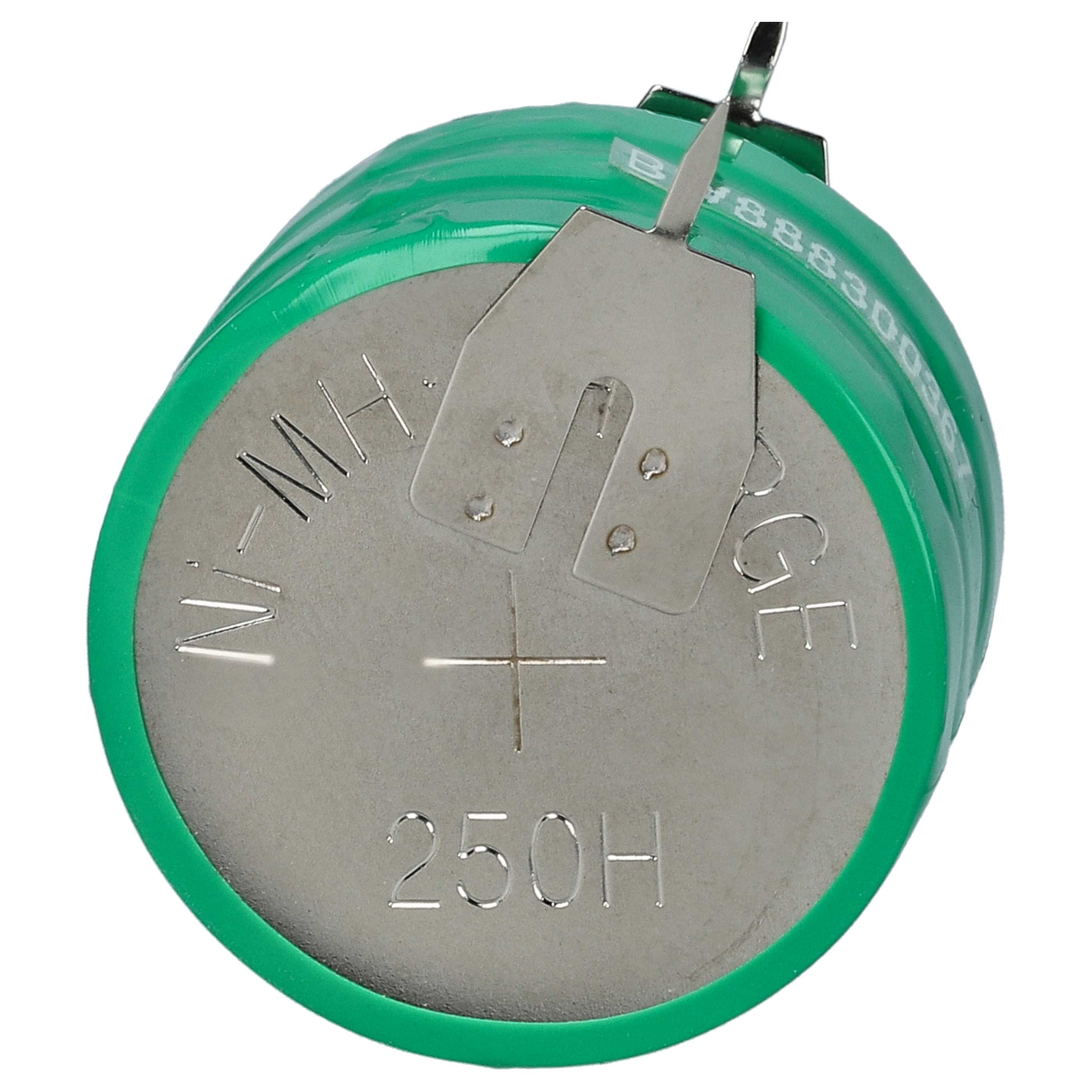 Eine Knopfzellenbatterie mit grünen Rändern und einer Metalloberseite. Text: 'Ni-MH', ein Kreuz und '250H'.