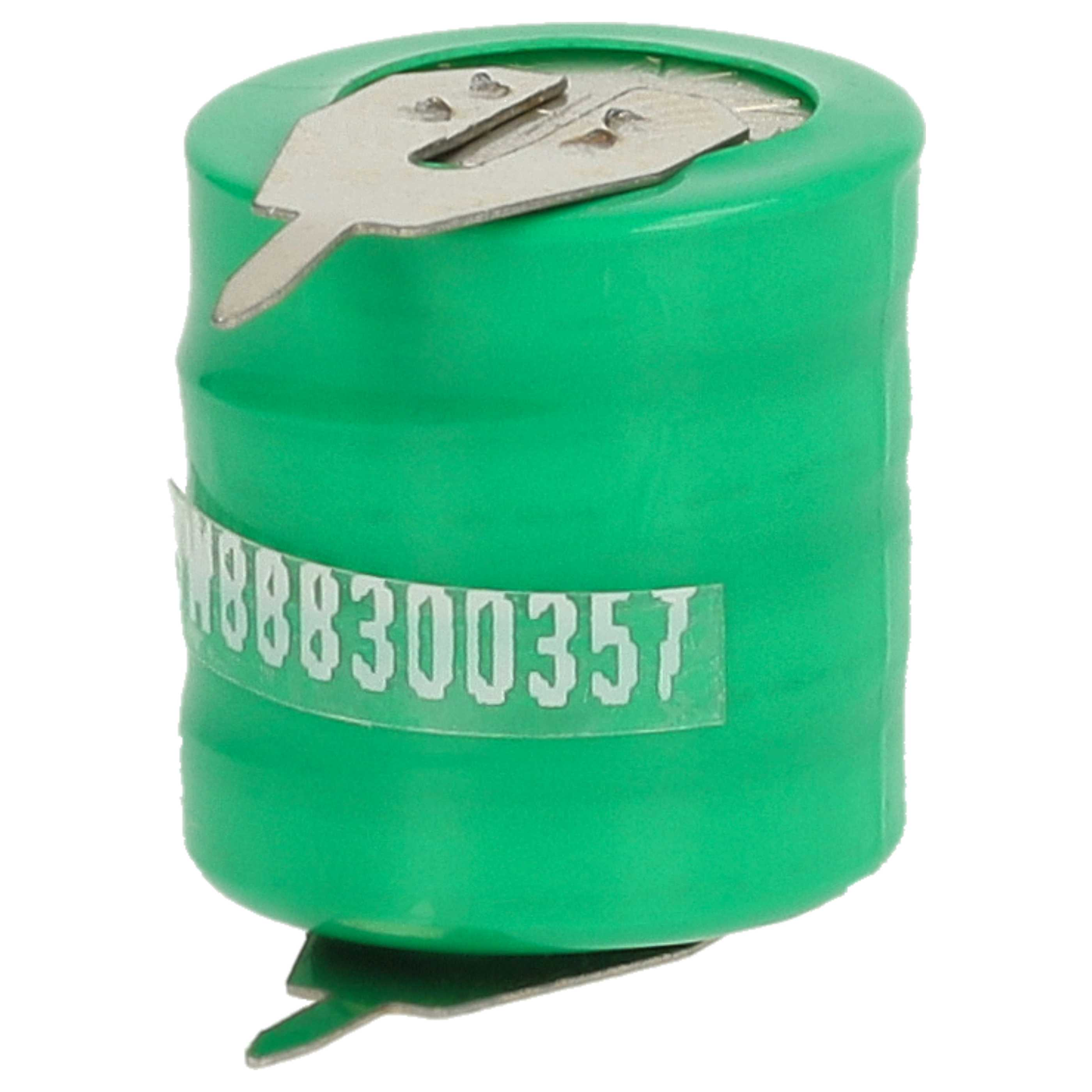 Eine grüne Batterie mit silberner Oberseite und einem Etikett mit Zahlen. Die Batterie hat eine zylindrische Form.