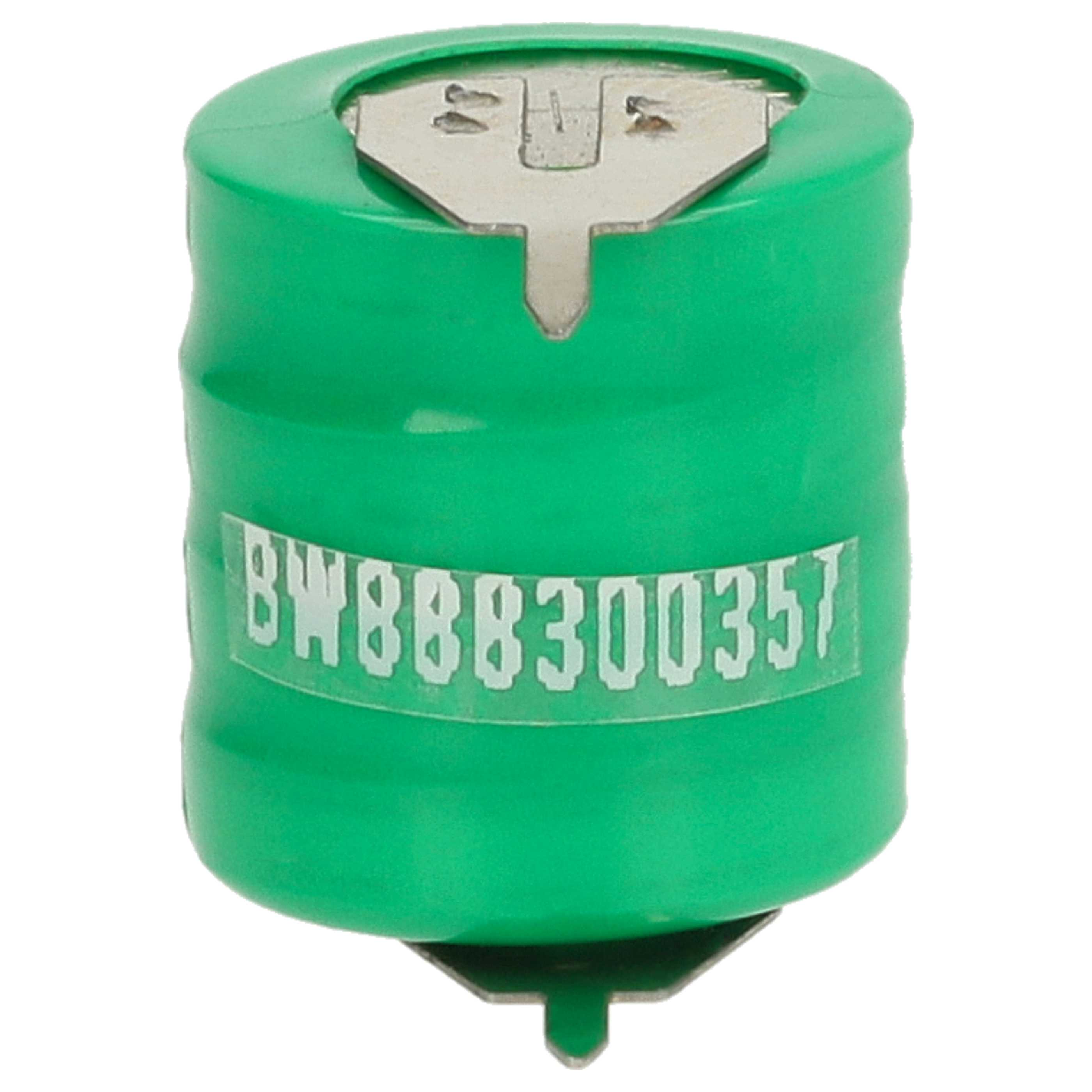 Eine grüne zylindrische Batterie mit Metallober- und -unterseite. Text 'BW888300357' ist darauf.
