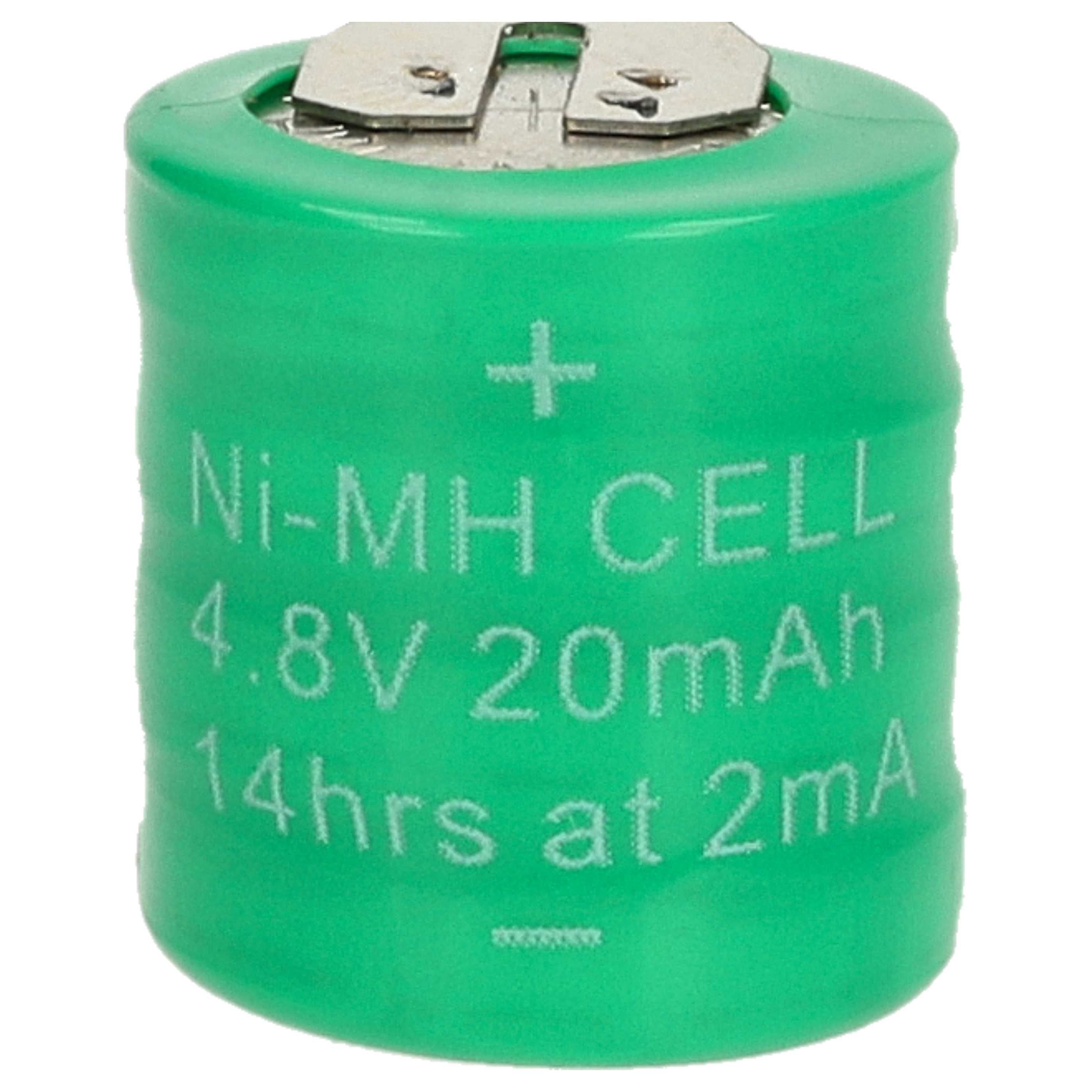 Eine grüne Ni-MH-Batteriezelle. Sie hat eine Metalloberseite und Text mit 4,8 V, 20 mAh und 14 Stunden bei 2 mA.