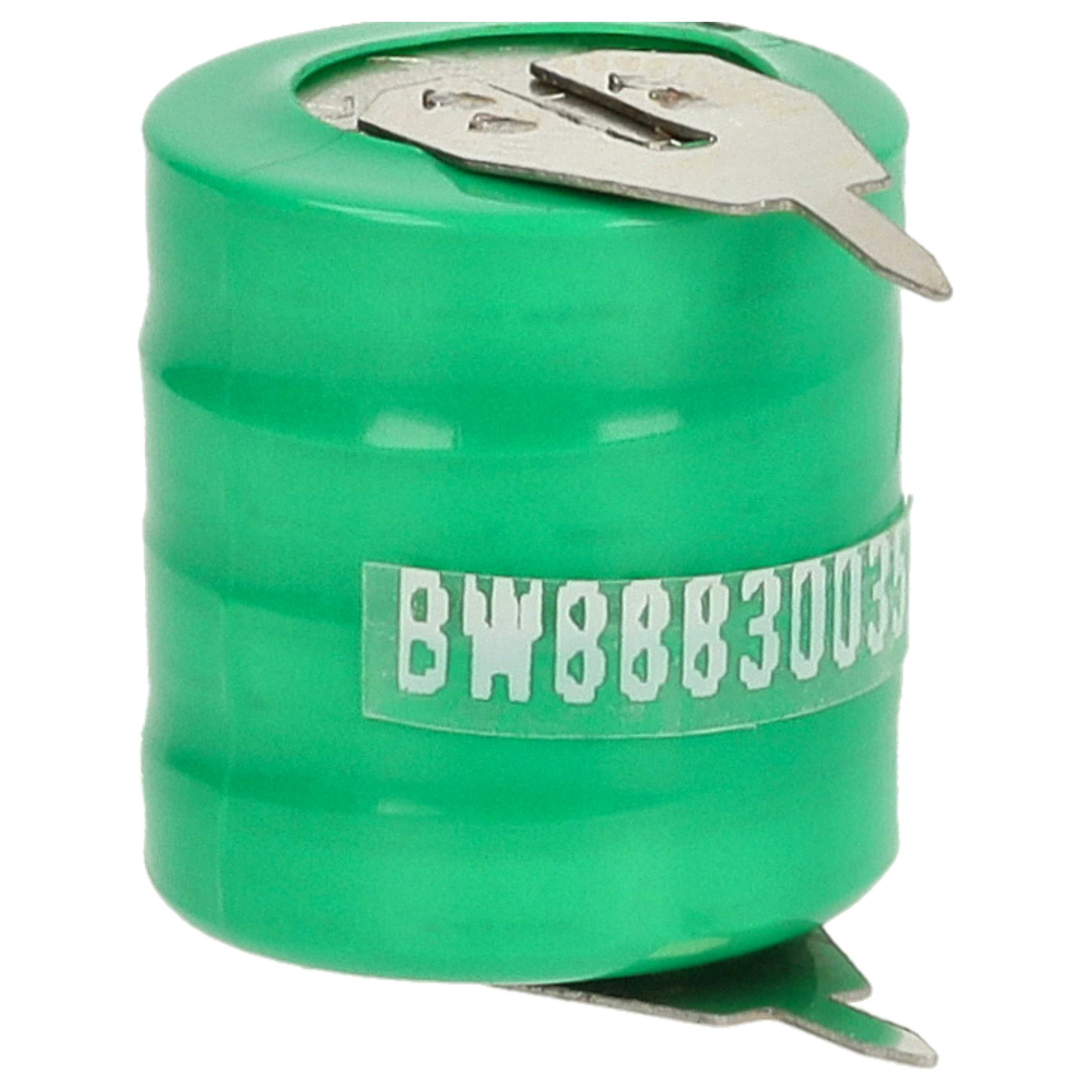Eine grüne Batterie mit metallischen Anschlüssen und einem weißen Etikett mit dem Text 'BW8883003'.