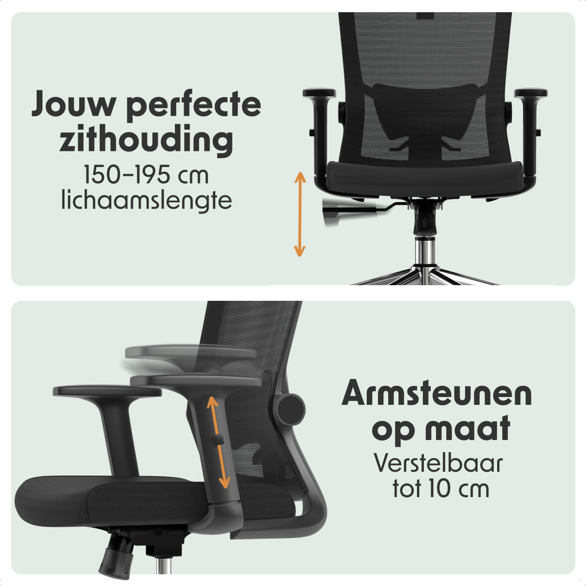 An office chair with adjustable armrests and backrest. Text indicates perfect posture for 150-195 cm height and adjustable armrests up to 10 cm.