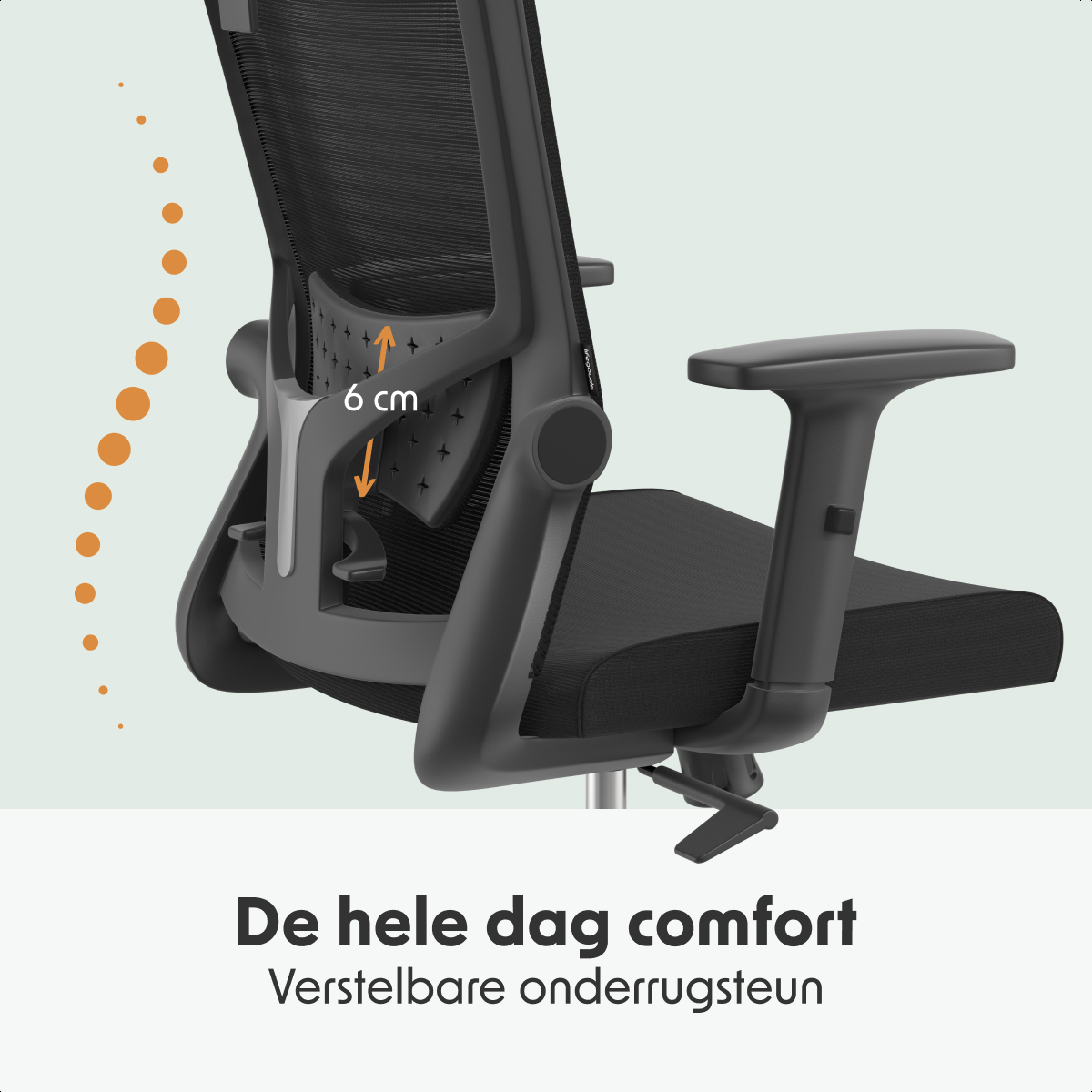 A black office chair with adjustable lumbar support. Text says 'De hele dag comfort' and 'Verstelbare onderrugsteun'.