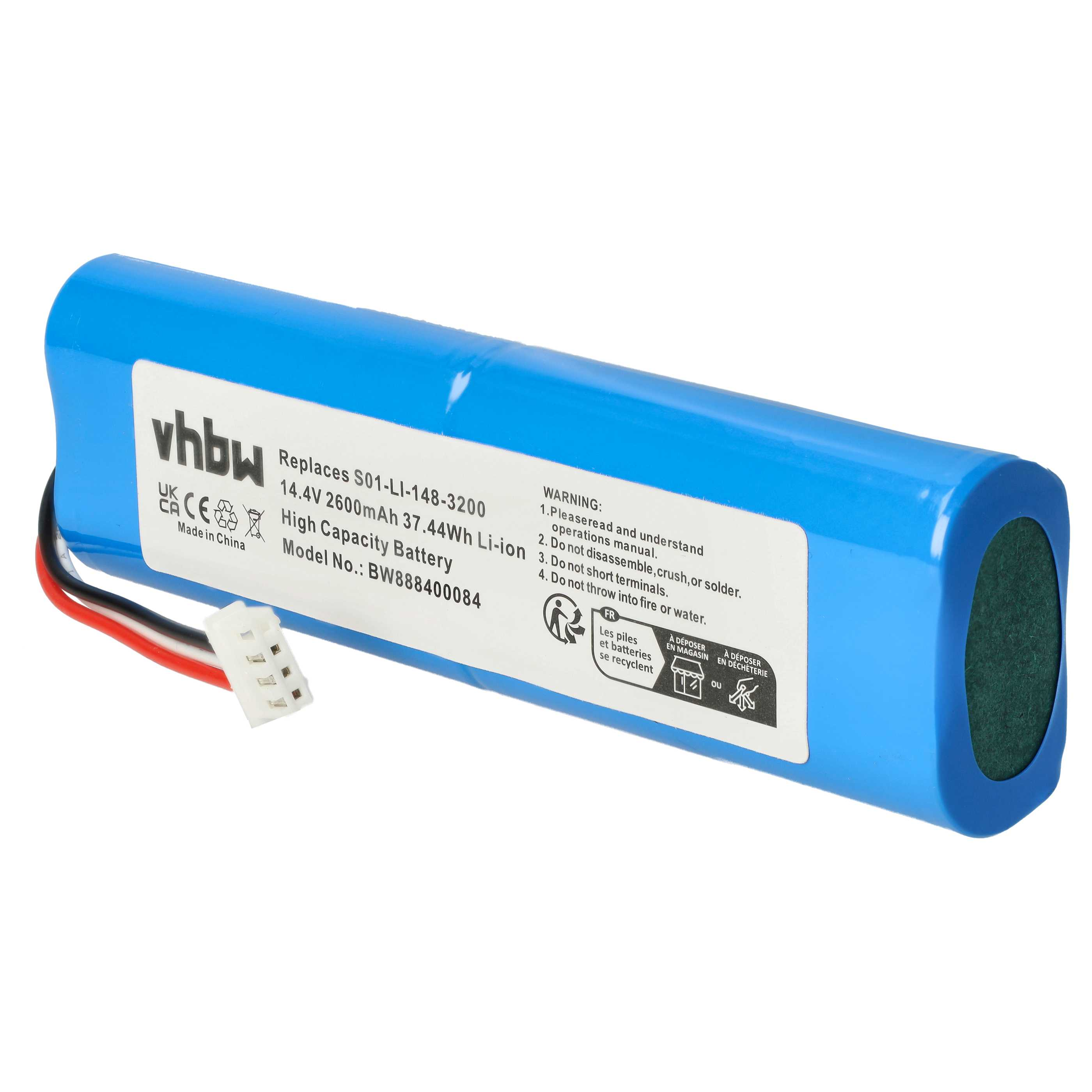 Blauer vhbw-Akku mit weißem Text, schwarzen Drähten und weißem Stecker. Er hat Warnungen und Recycling-Symbole.