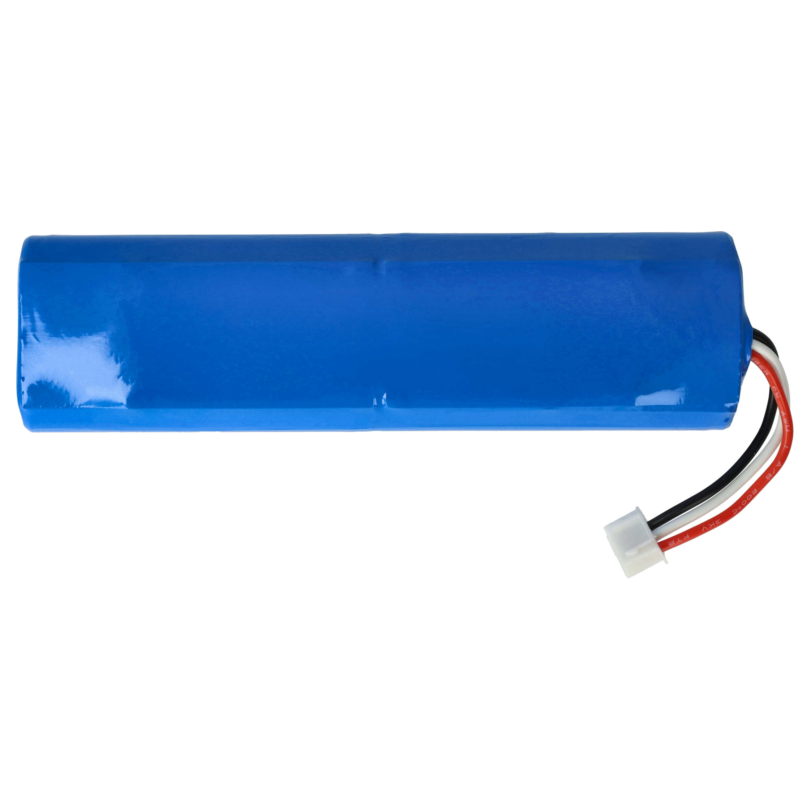 Ein blauer zylindrischer Akku mit Kabeln und einem weißen Stecker auf weißem Hintergrund.