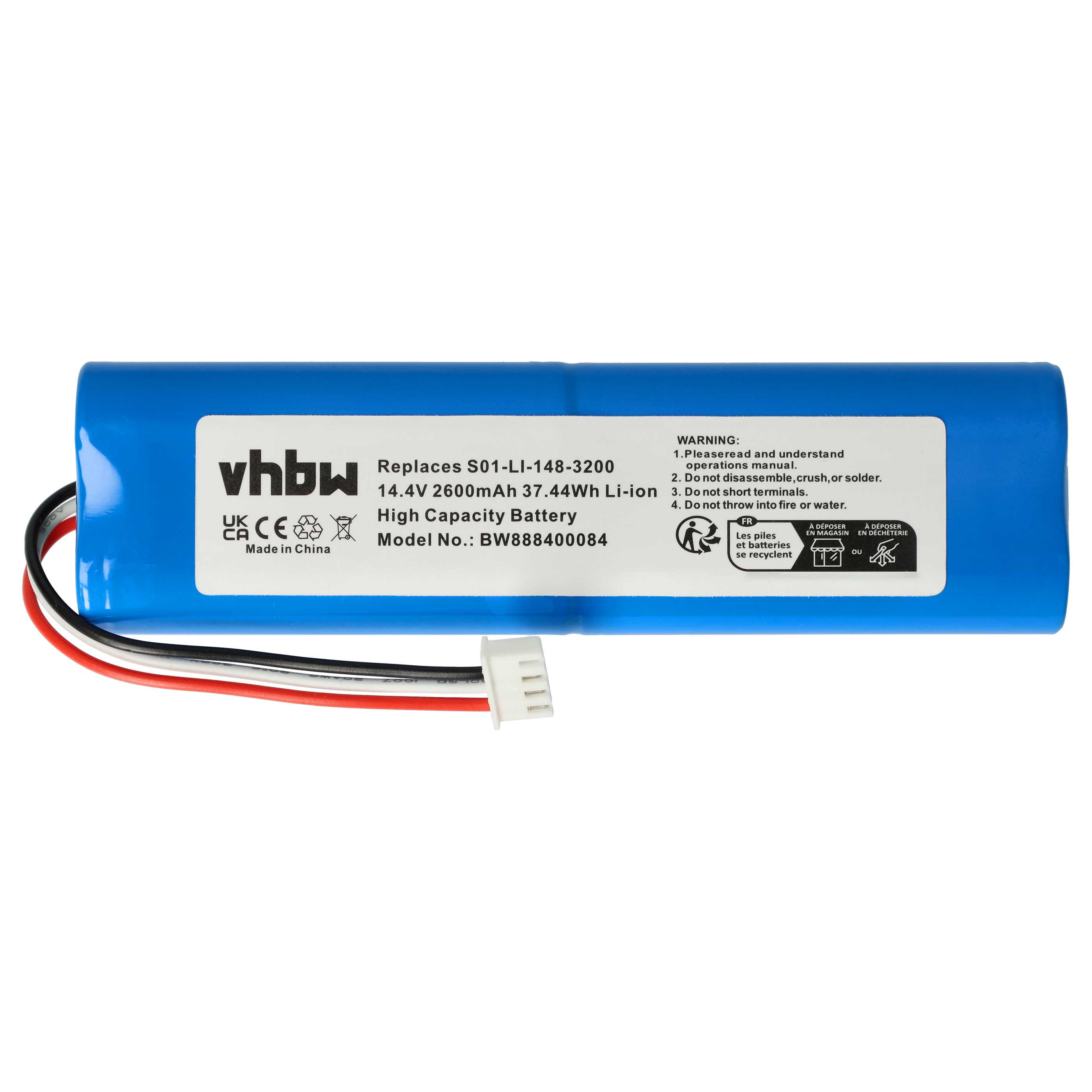 Ein blauer Akku mit weißem Etikett, schwarzen, weißen und roten Drähten und einem weißen Stecker.