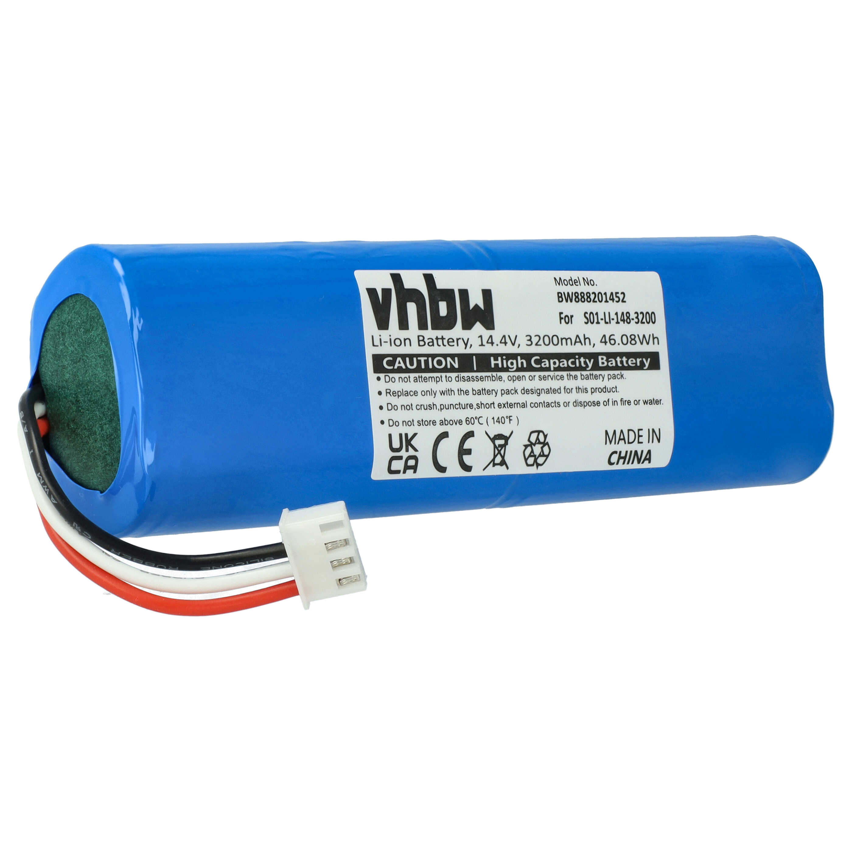 Blaue zylindrische Batterie mit Text, Drähten und einem weißen Stecker. Die Marke ist vhbw.