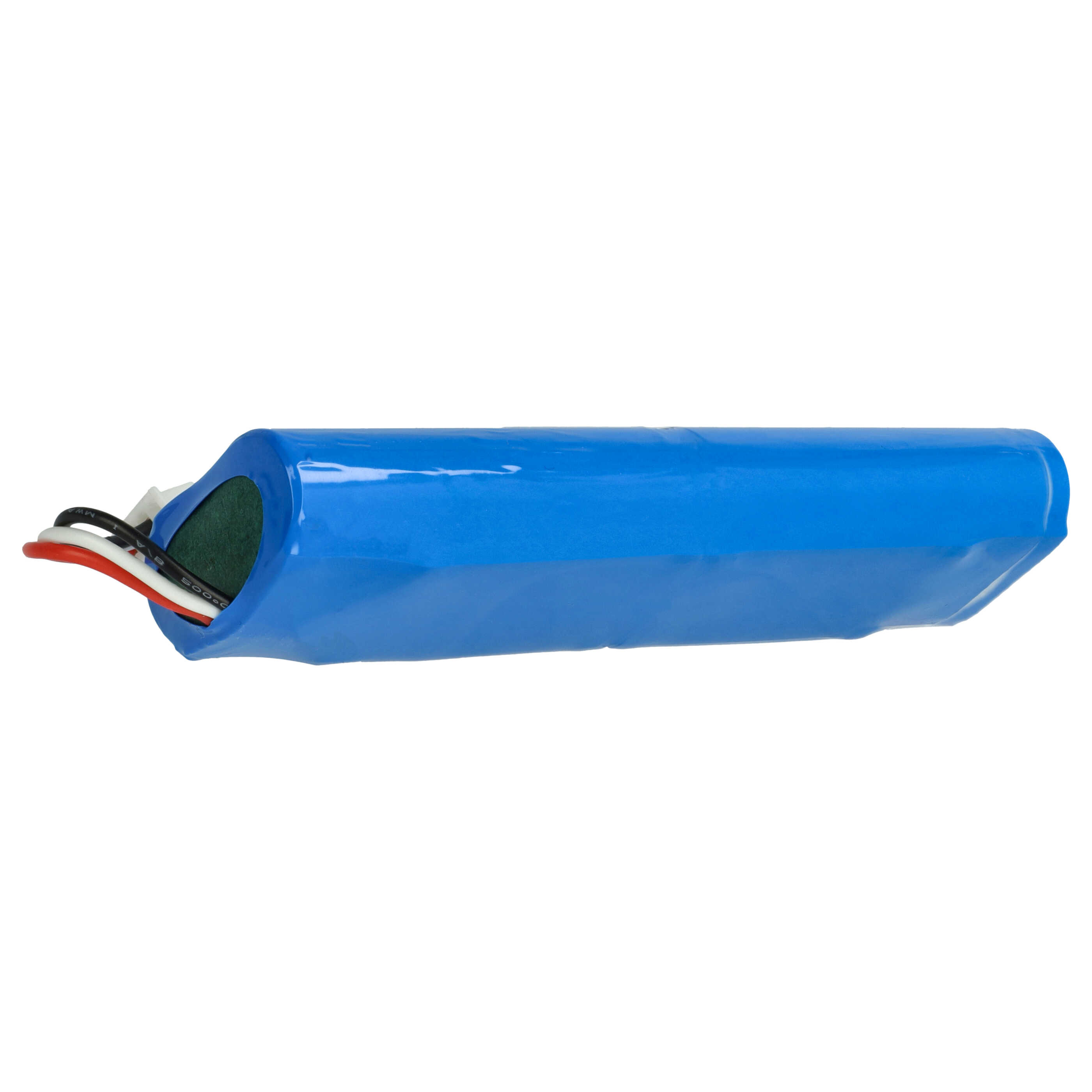 Eine blaue Batteriezelle mit farbigen Drähten, die sich von einem Ende erstrecken. Der Hintergrund ist weiß.