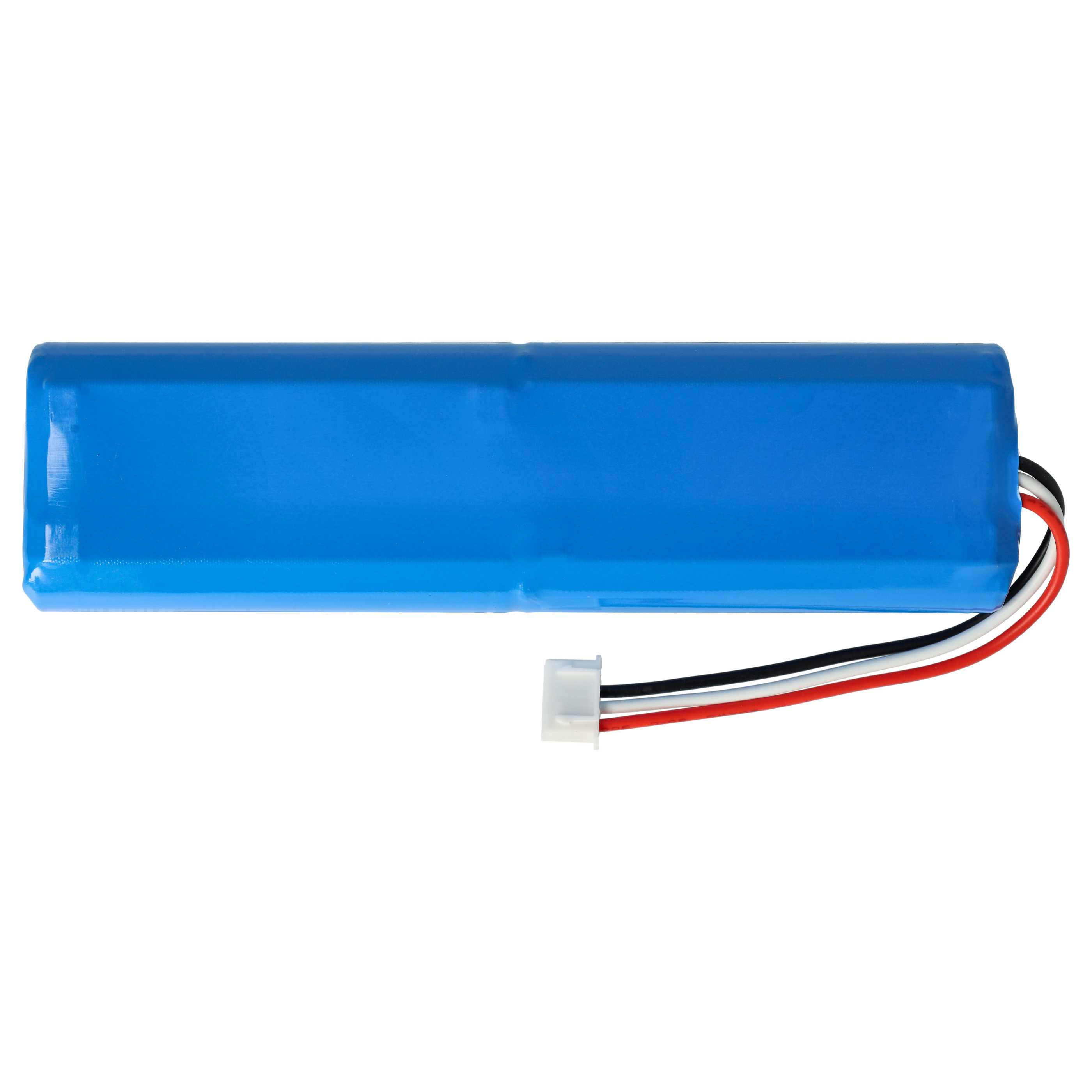 Ein blaues rechteckiges Batteriemodul mit weißem Stecker und drei Drähten: schwarz, weiß und rot. Der Hintergrund ist weiß.