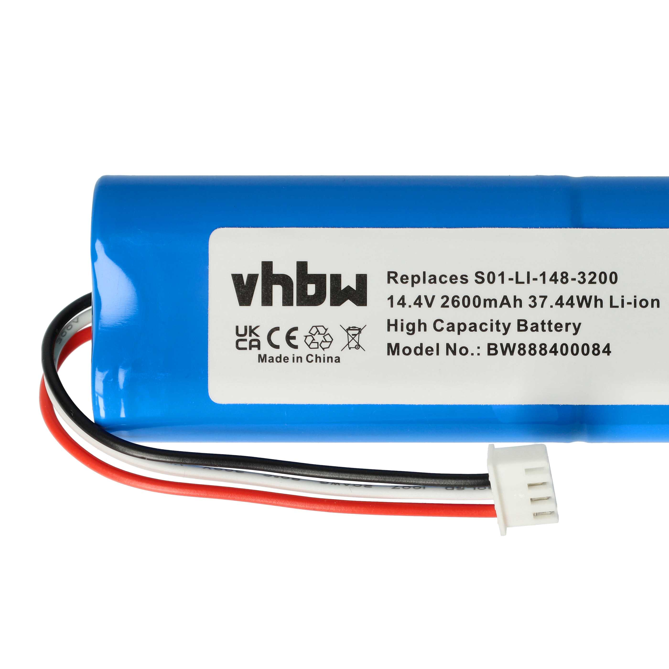 Blauer Akku mit weißem Etikett und schwarzen, roten und weißen Drähten. Text: vhbw, 14,4 V, 2600 mAh, Li-Ion.