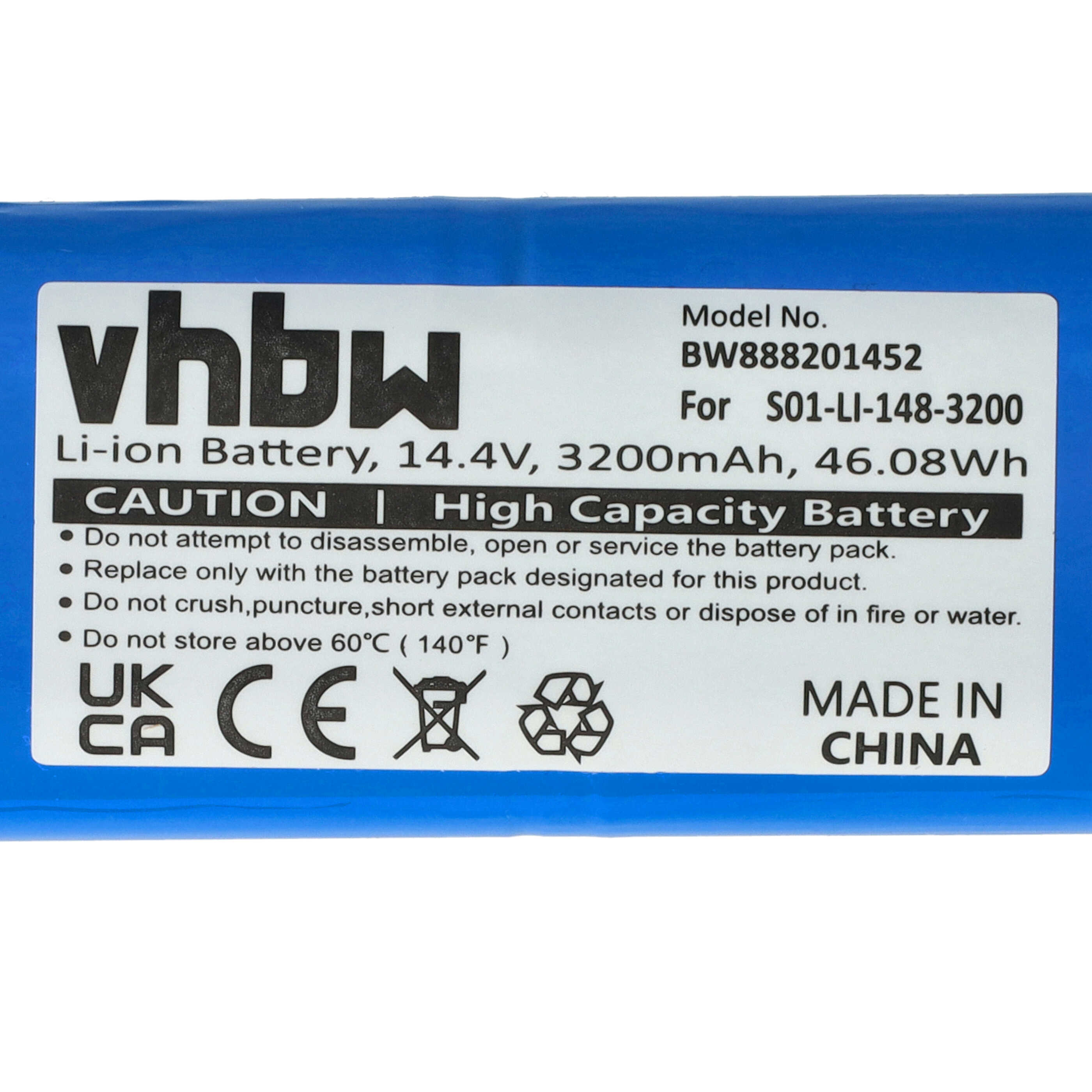 Blaue Batterie mit weißem Etikett. Das Etikett hat ein 'vhbw'-Logo, Produktinformationen und Warnhinweise. Hergestellt in China.