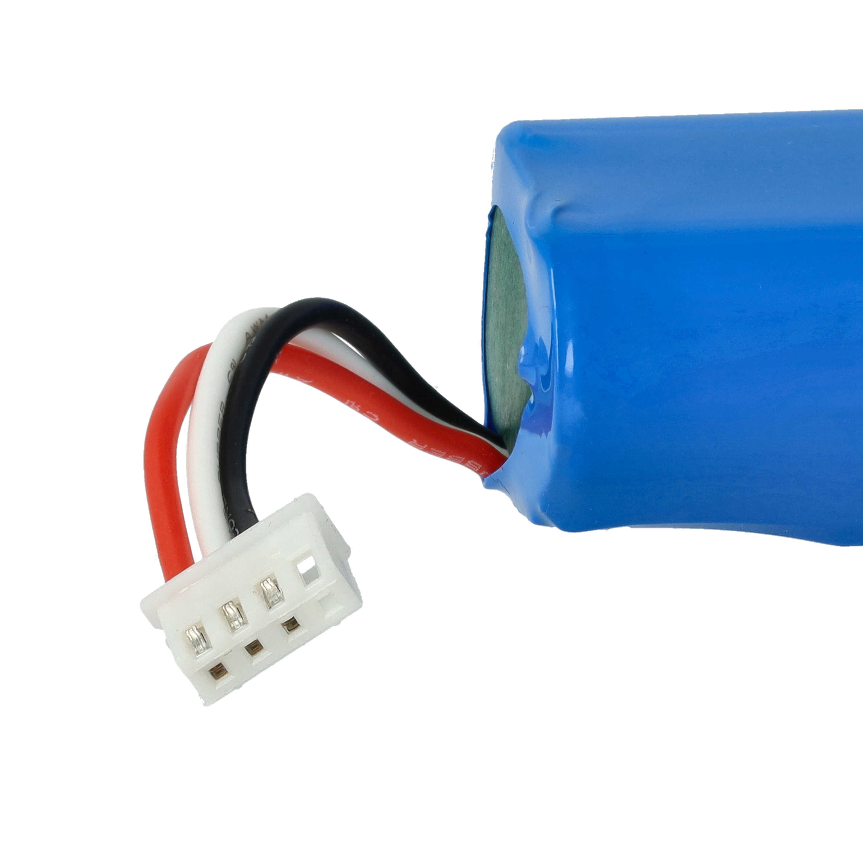 Ein blauer Akku mit roten, weißen und schwarzen Drähten, die an einem weißen Stecker befestigt sind. Der Hintergrund ist weiß.