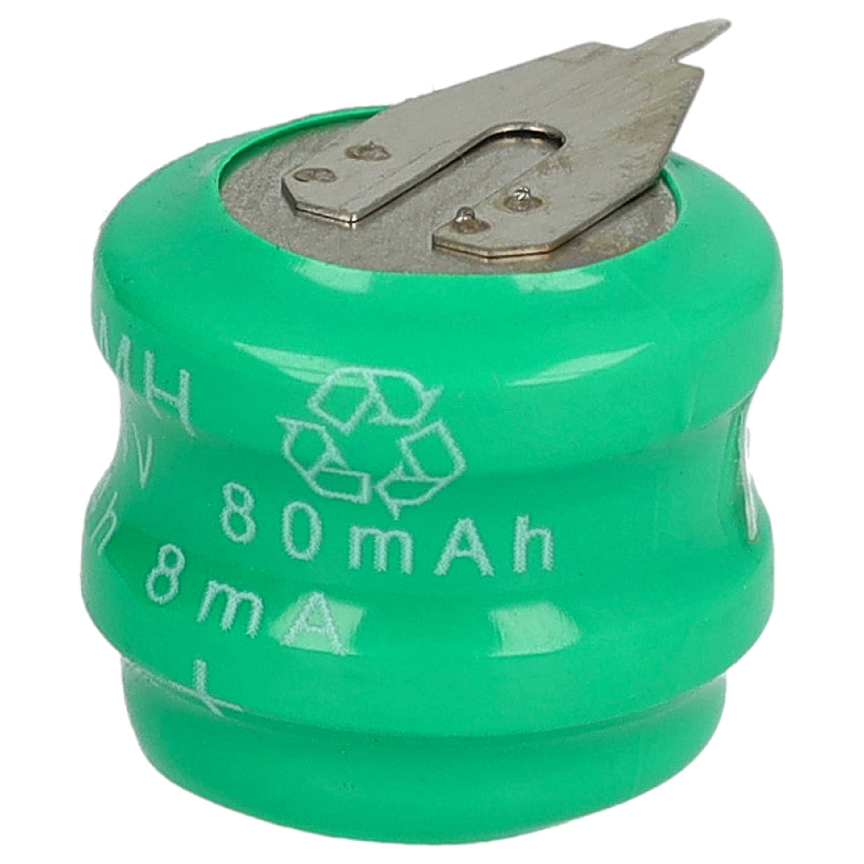 Eine grüne Batterie mit Metallkontakt. Sie hat weißen Text mit dem Recycling-Symbol. Die Kapazität beträgt 80 mAh, 8 mA.