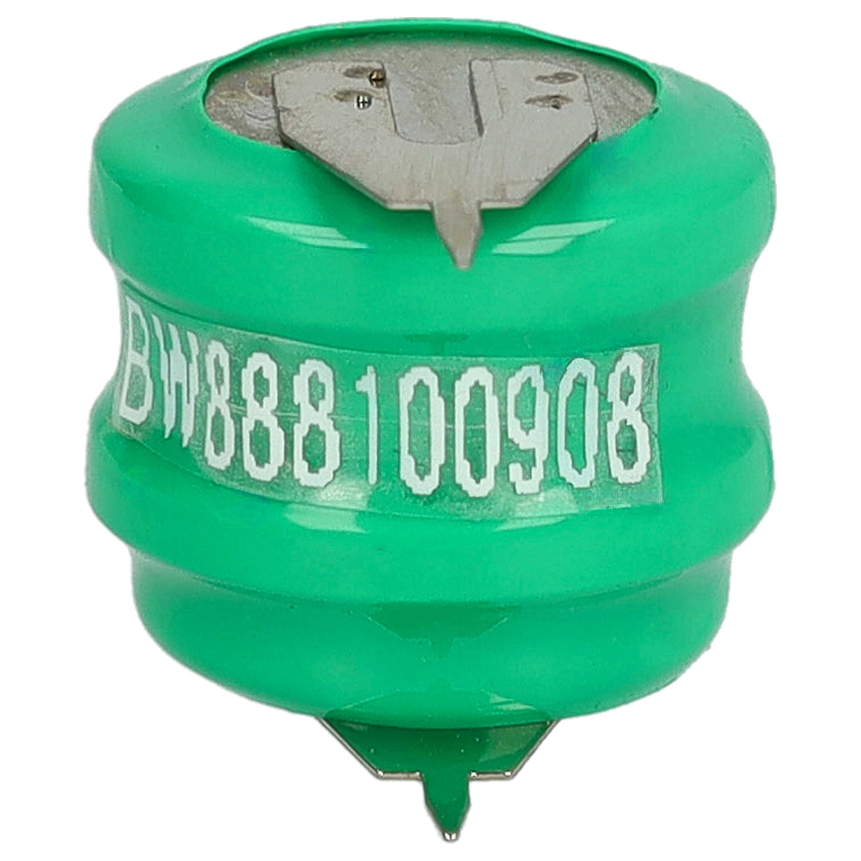 Eine grüne Batterie mit der Aufschrift BW888100908. Sie hat oben und unten ein silbernes Metallteil.