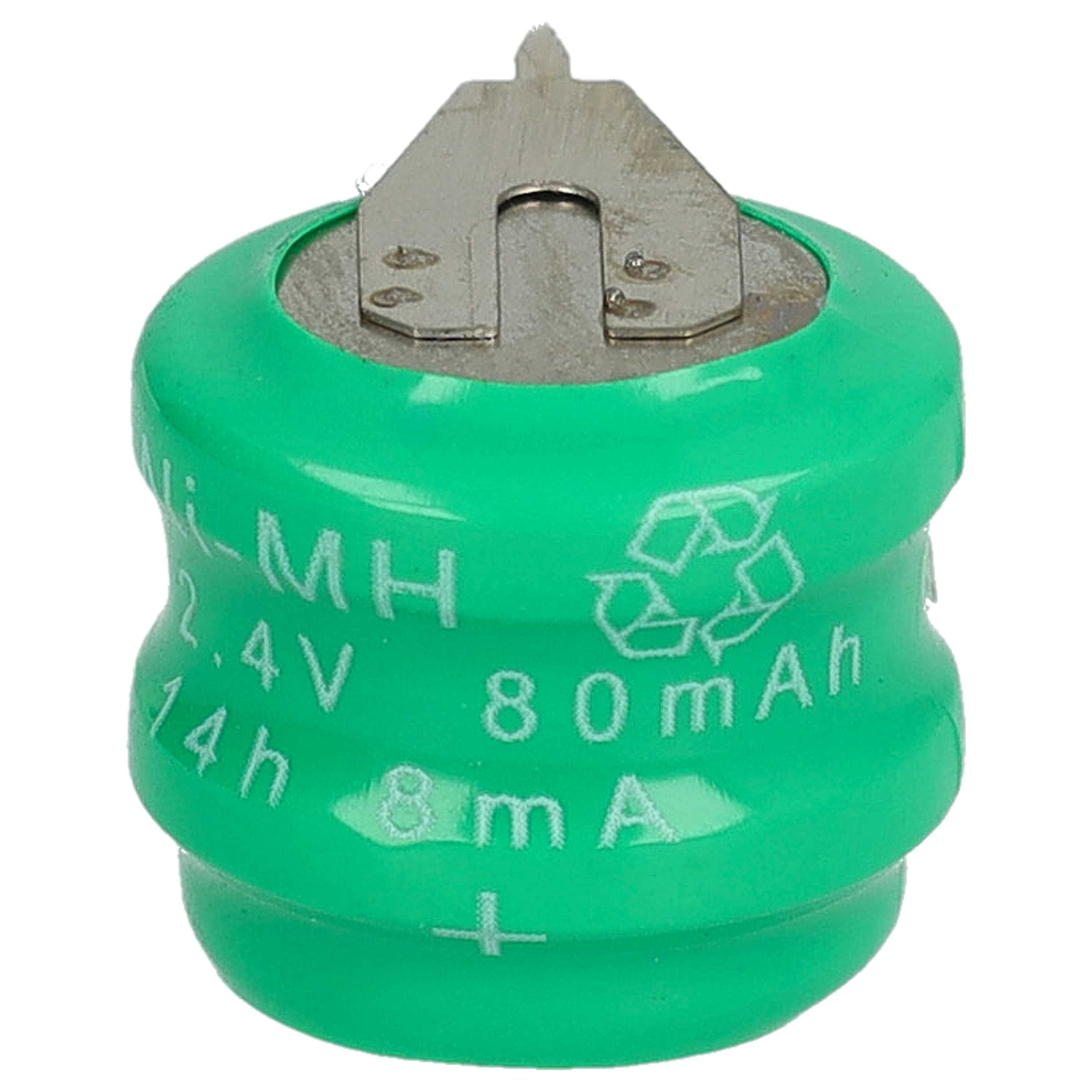 Eine grüne Ni-MH-Batterie mit einem Metallanschluss oben. Es hat Etiketten mit 2,4 V, 14 h, 80 mAh und 8 mA.