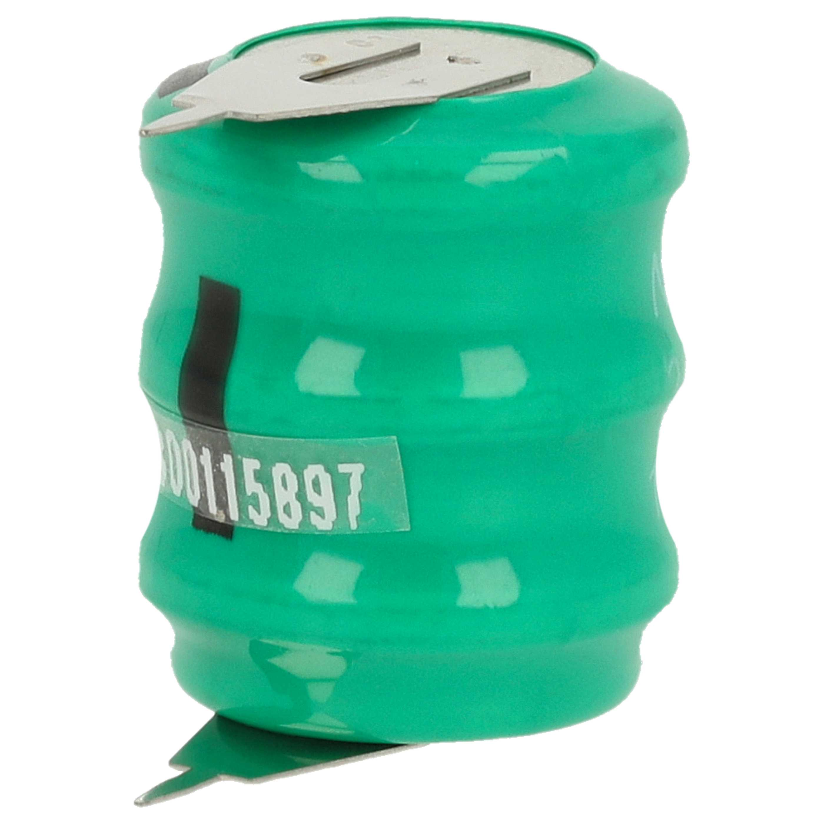 Eine grüne Batterie mit weißem Etikett und der Nummer 00115897. Die Batterie hat eine Metalloberseite.