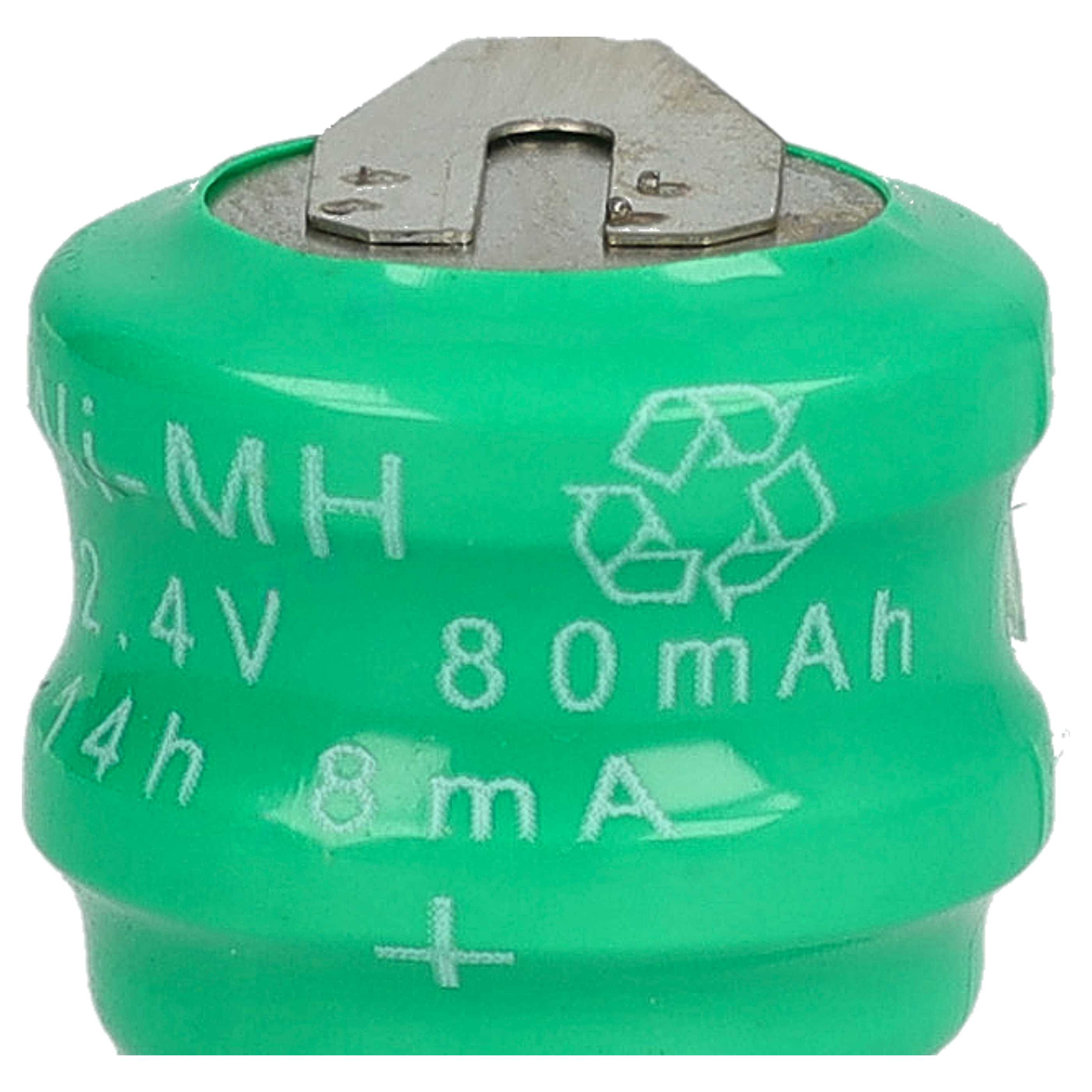 Eine grüne Ni-MH-Batterie mit metallischer Oberseite. Sie hat Markierungen für Spannung, Kapazität und ein Recycling-Symbol.