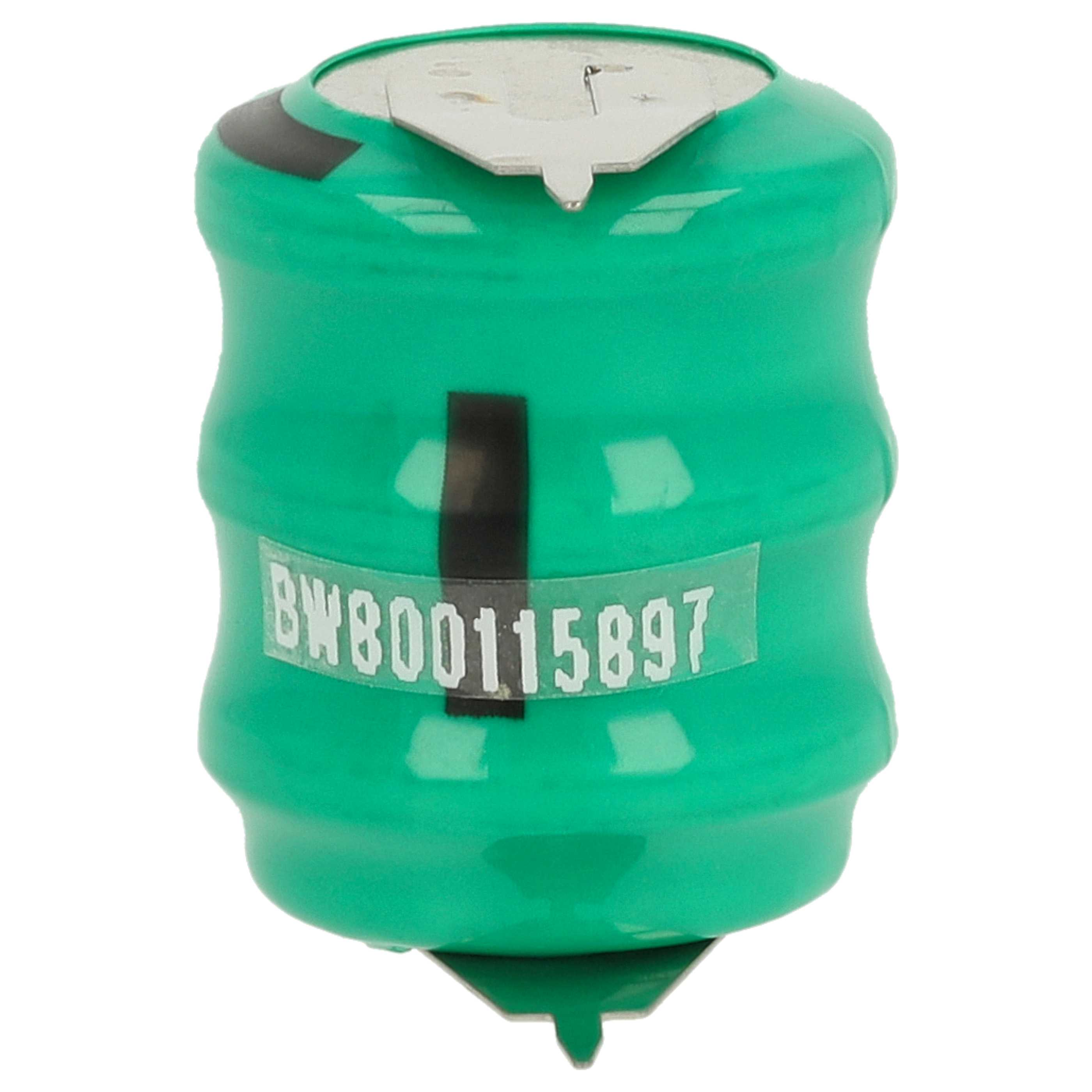 Eine grüne Batterie mit Metallober- und -unterseite und einem Aufkleber mit dem Text 'BW800115897'.