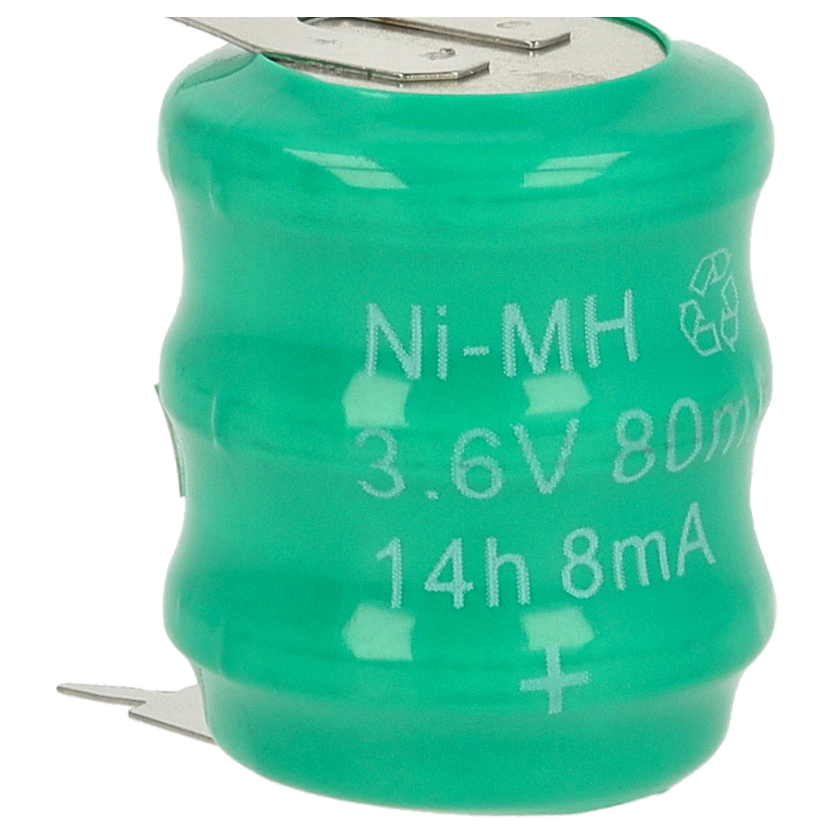 Eine grüne Ni-MH-Batterie mit Metallklemmen. Sie hat aufgedruckten Text mit 3,6 V, 80 mAh, 14 h 8 mA und einem Pluszeichen.