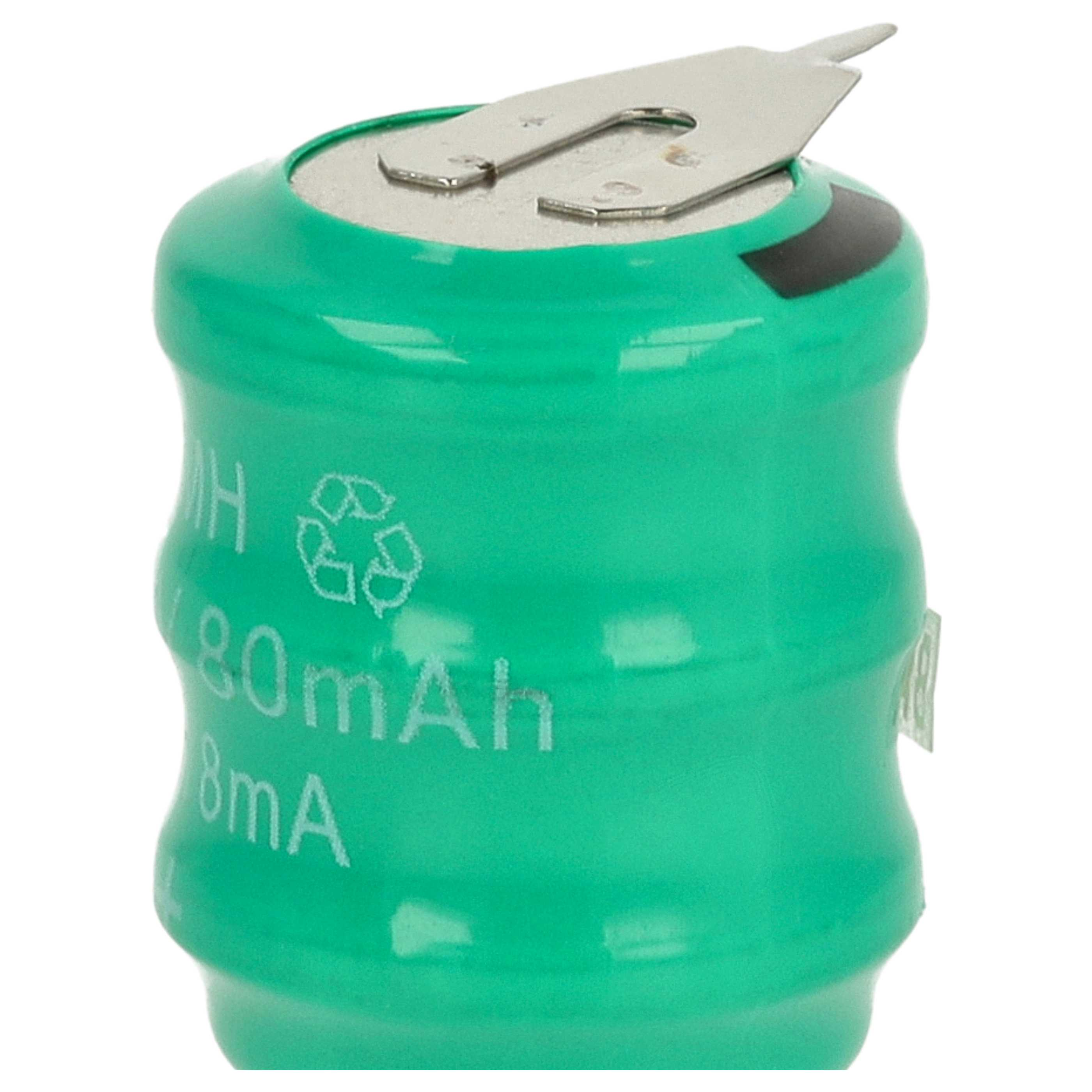 Eine grüne Batterie mit Metalloberteil. Sie hat Text, der ihre Spezifikationen angibt: 80mAh, 8mA. Weißer Hintergrund.