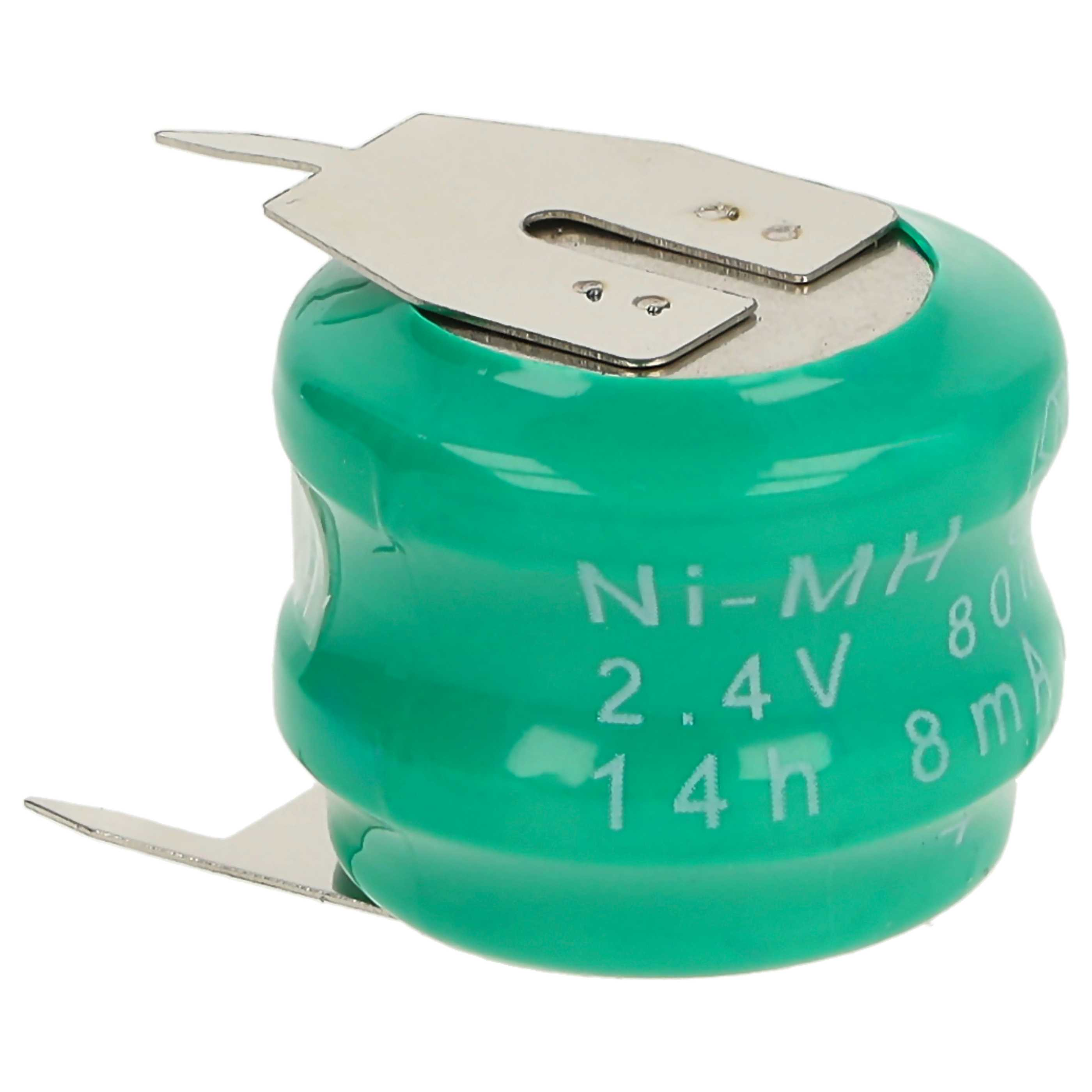 Eine grüne Ni-MH-Batterie mit silbernen Metallfahnen. Text: 2,4 V, 14 h, 80 mA.