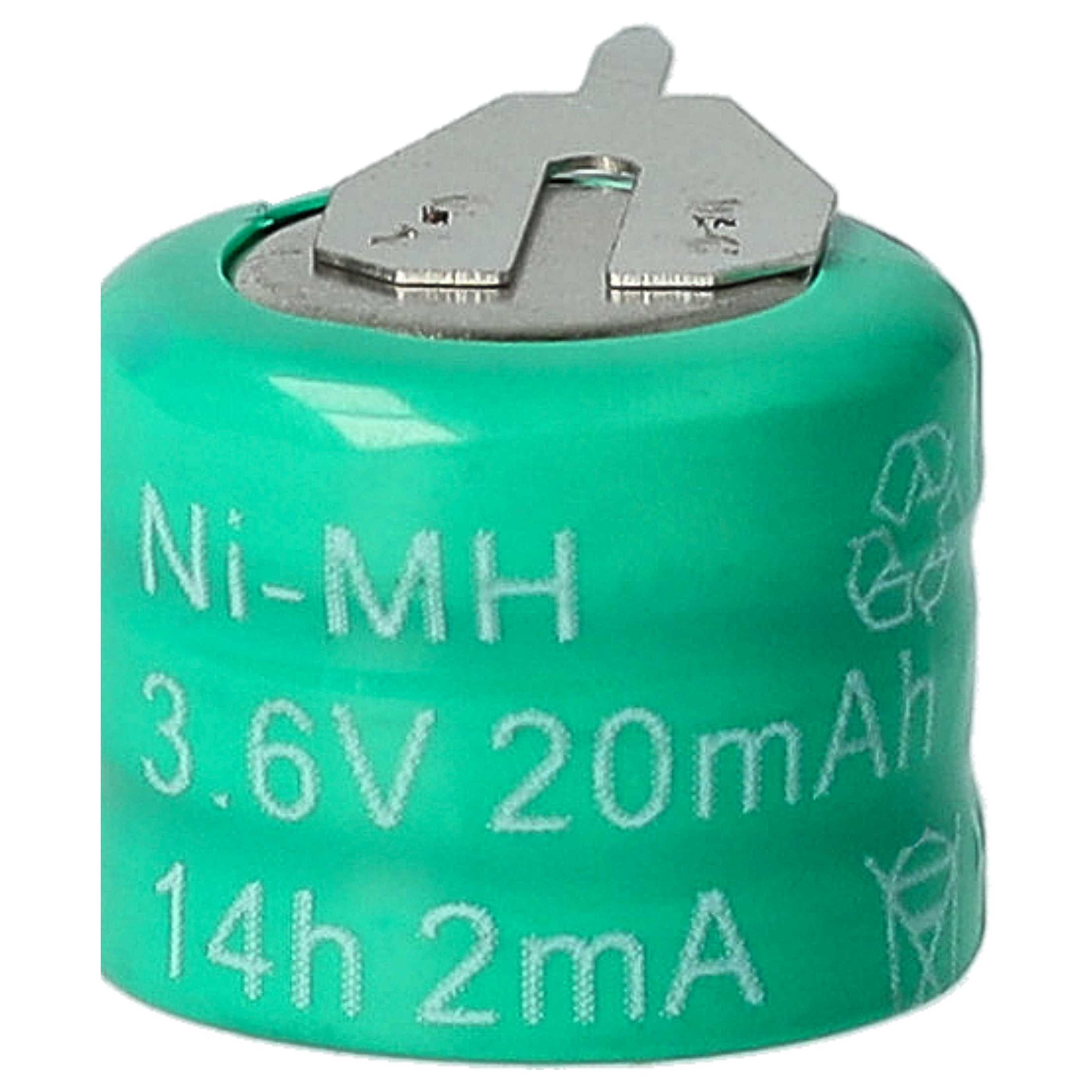 Eine grüne Ni-MH-Batterie mit Metalllasche oben. Sie hat Text mit 3,6 V, 20 mAh und 14 h 2 mA.