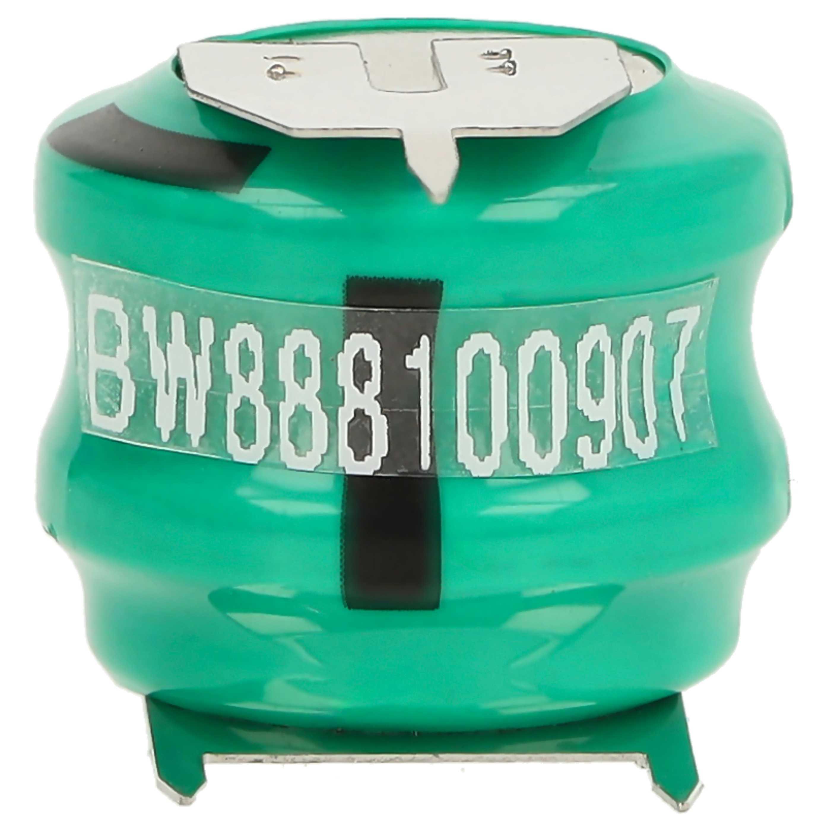 Eine grüne Batterie mit silberner Ober- und Unterseite. Sie hat ein weißes Etikett mit schwarzem Text und ein schwarzes Band.