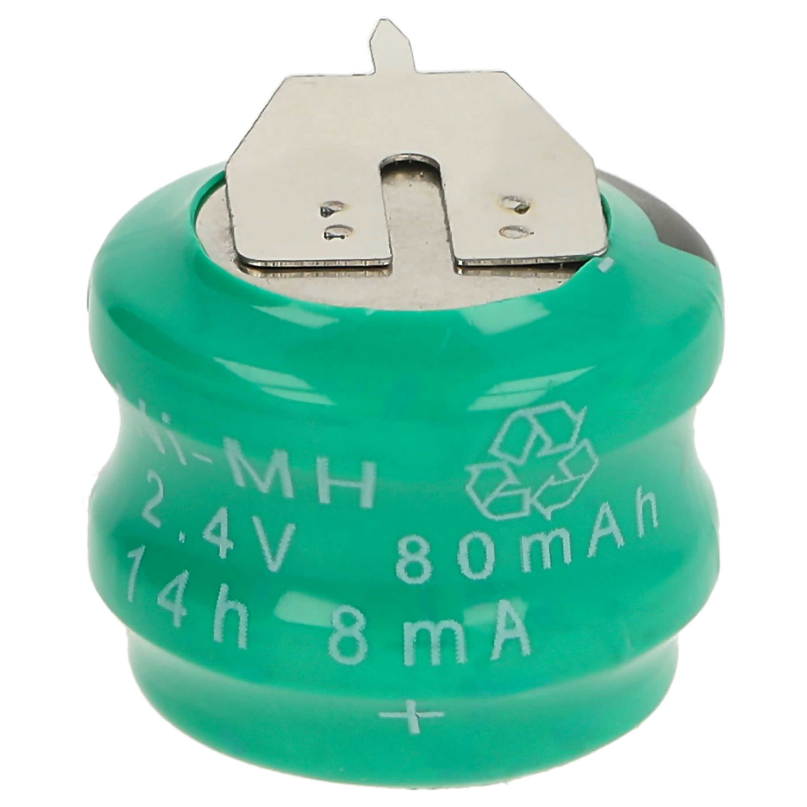 Ein grüner Akku mit Metalllasche. Er hat weißen Text mit Spannung, Kapazität und Recycling-Symbol.