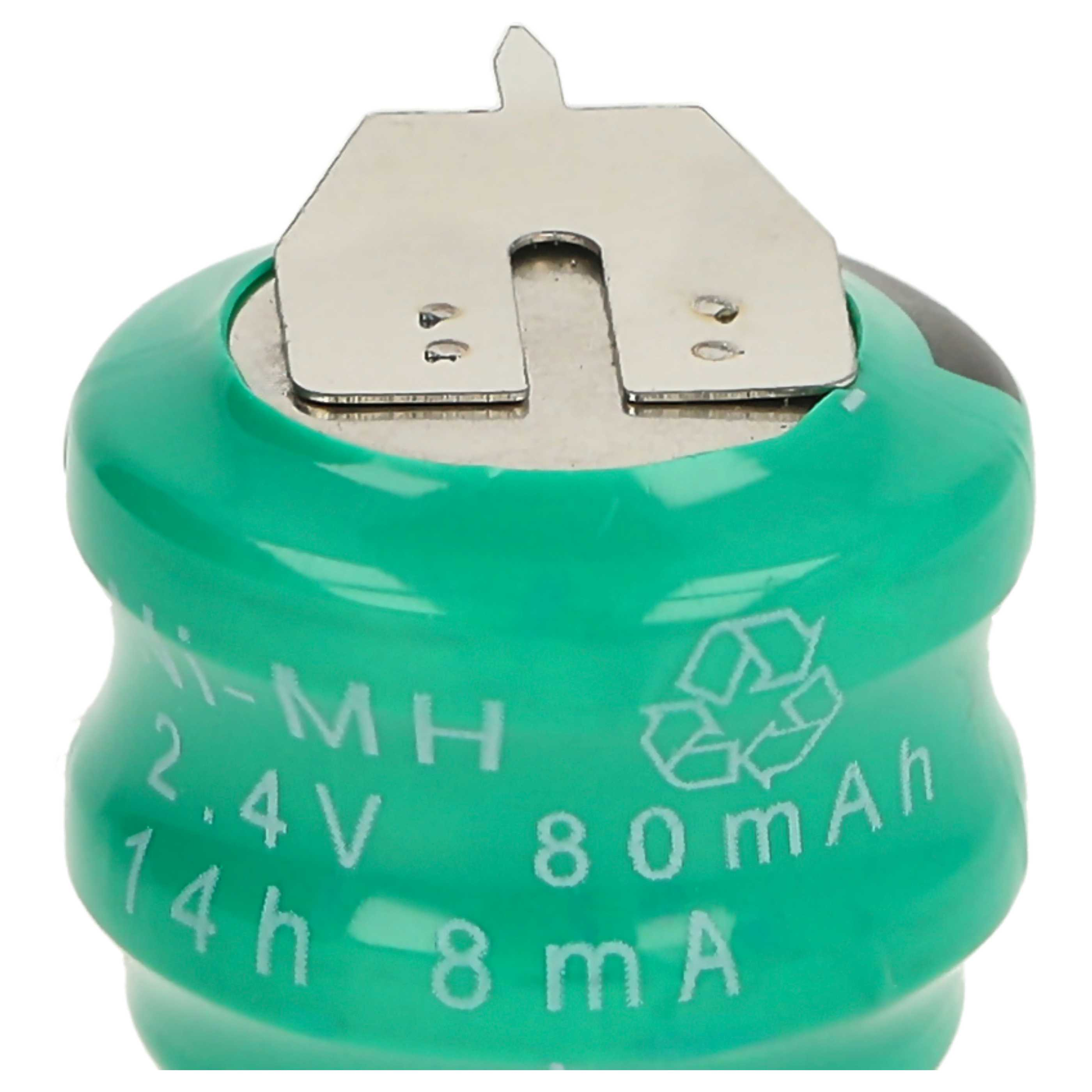 Eine grüne Ni-MH-Batteriezelle mit Metallkontakt und weißem Text. Sie hat 2,4 V, 80 mAh und 14 h Markierungen.