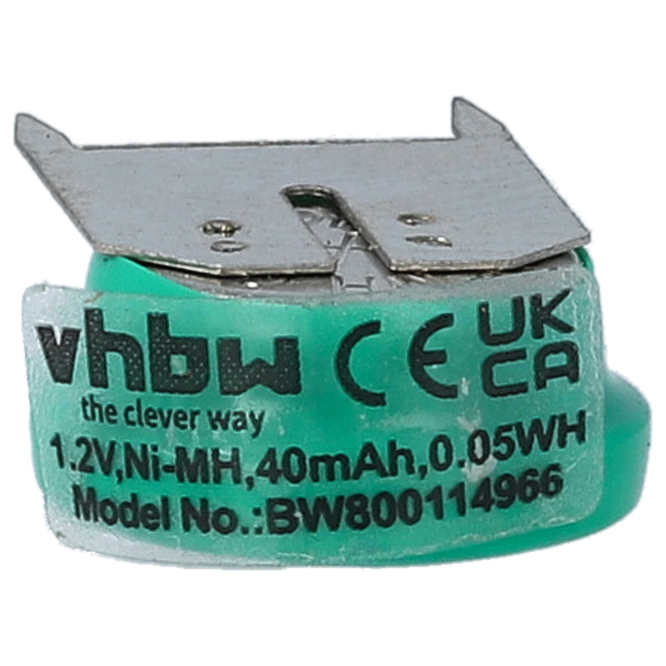Eine kleine grüne Batterie mit Metalloberteil. Sie enthält Text zu Spannung, Typ und Modellnummer. Der Deckel hat zwei Laschen.