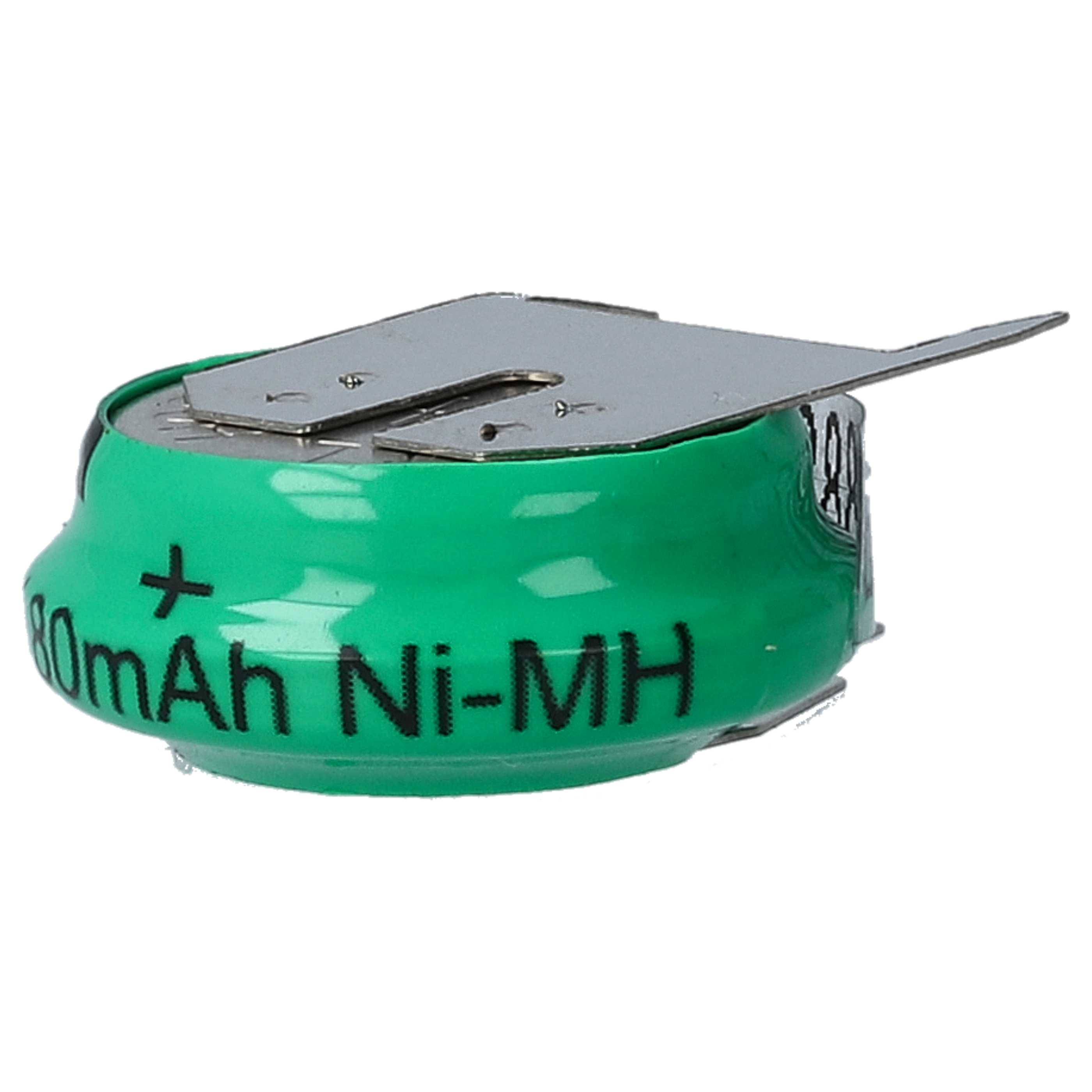Eine grüne Batterie mit silbernen Metallstreifen oben. Die Batterie hat Text, der Spannung und Typ angibt.