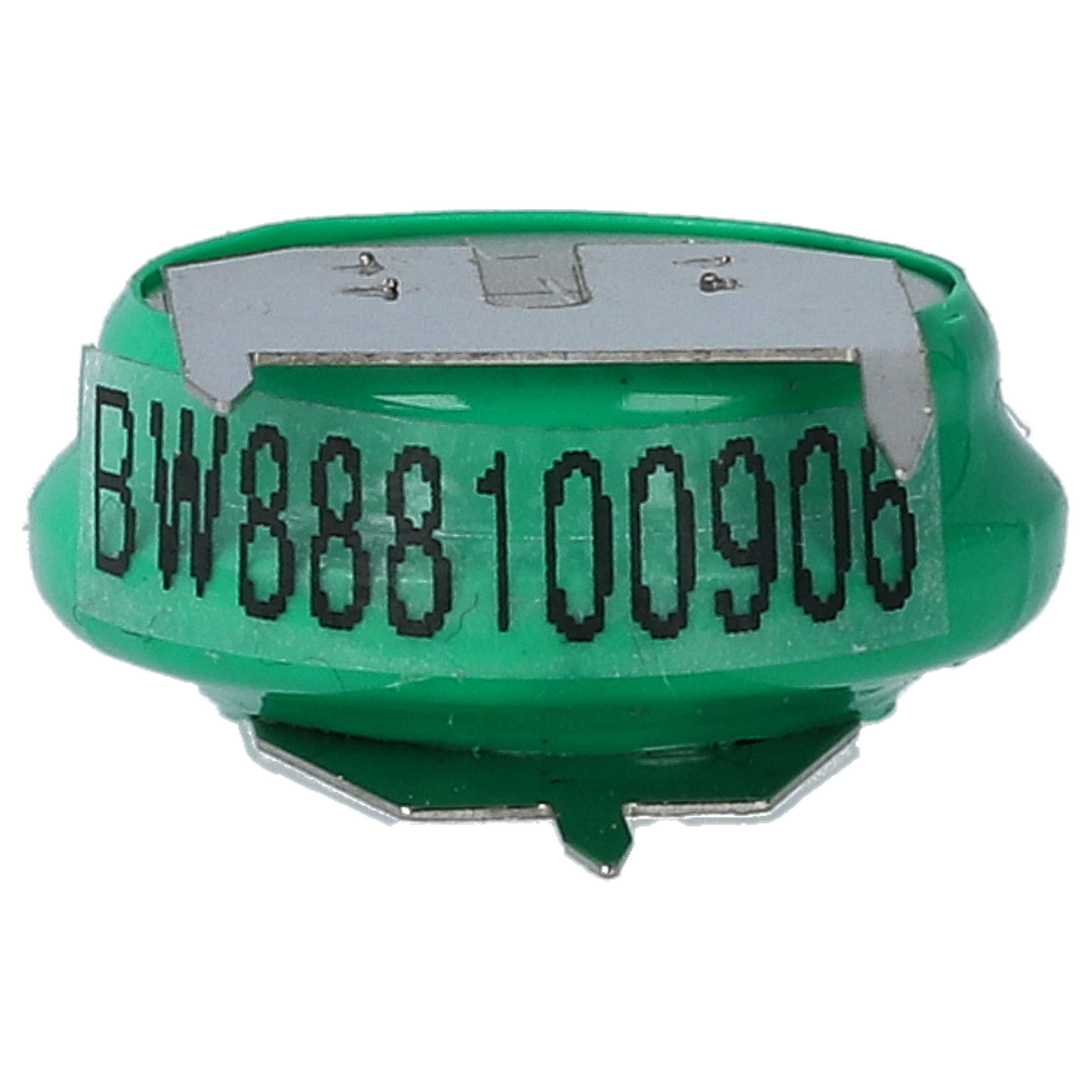 Eine grüne Batteriekomponente mit dem aufgedruckten Text BW888100906. Sie hat oben eine Metallplatte und einen weißen Hintergrund.