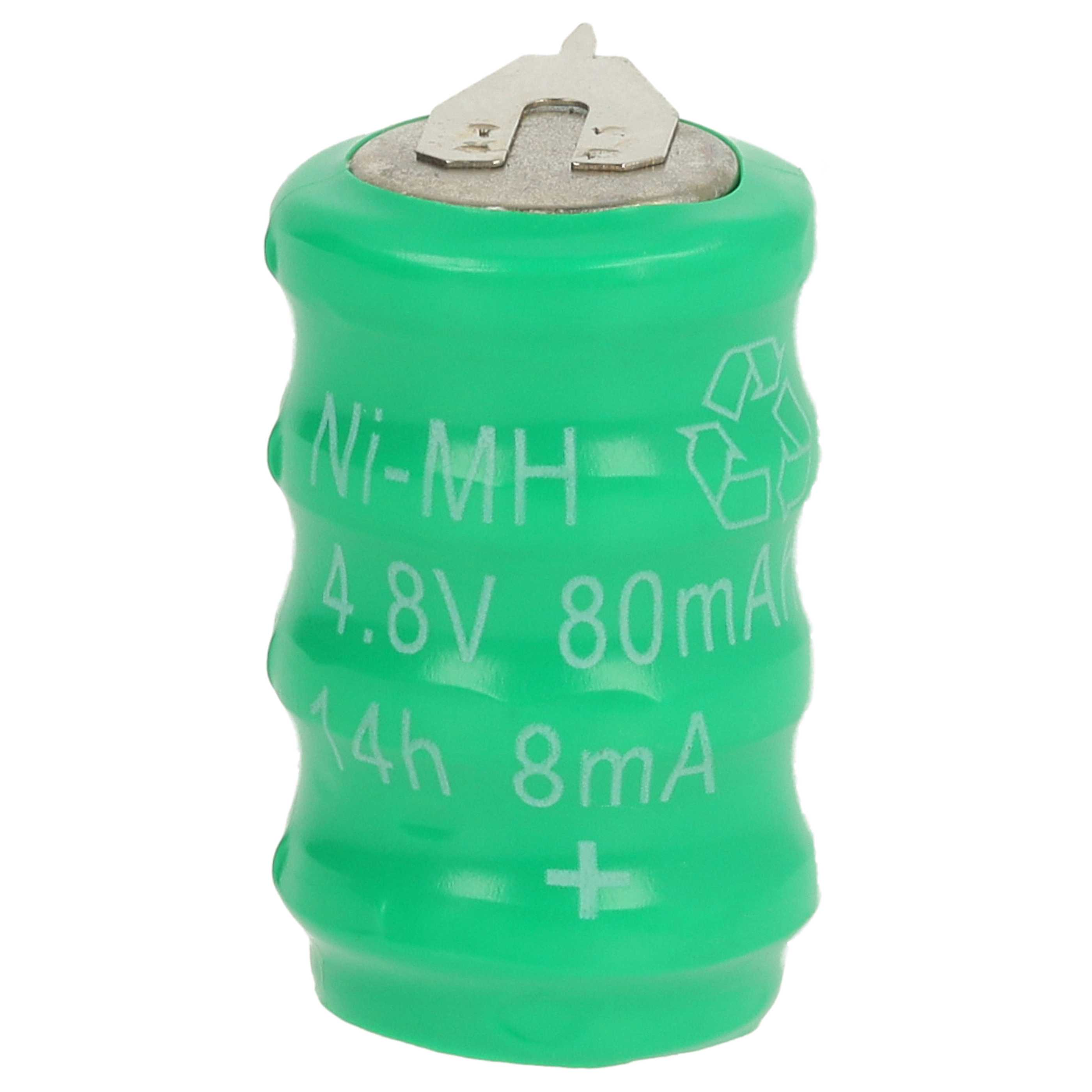 Eine grüne Ni-MH-Batterie wird gezeigt. Sie hat eine Metalloberseite und weißen Text mit Spannungs- und Kapazitätsinformationen.
