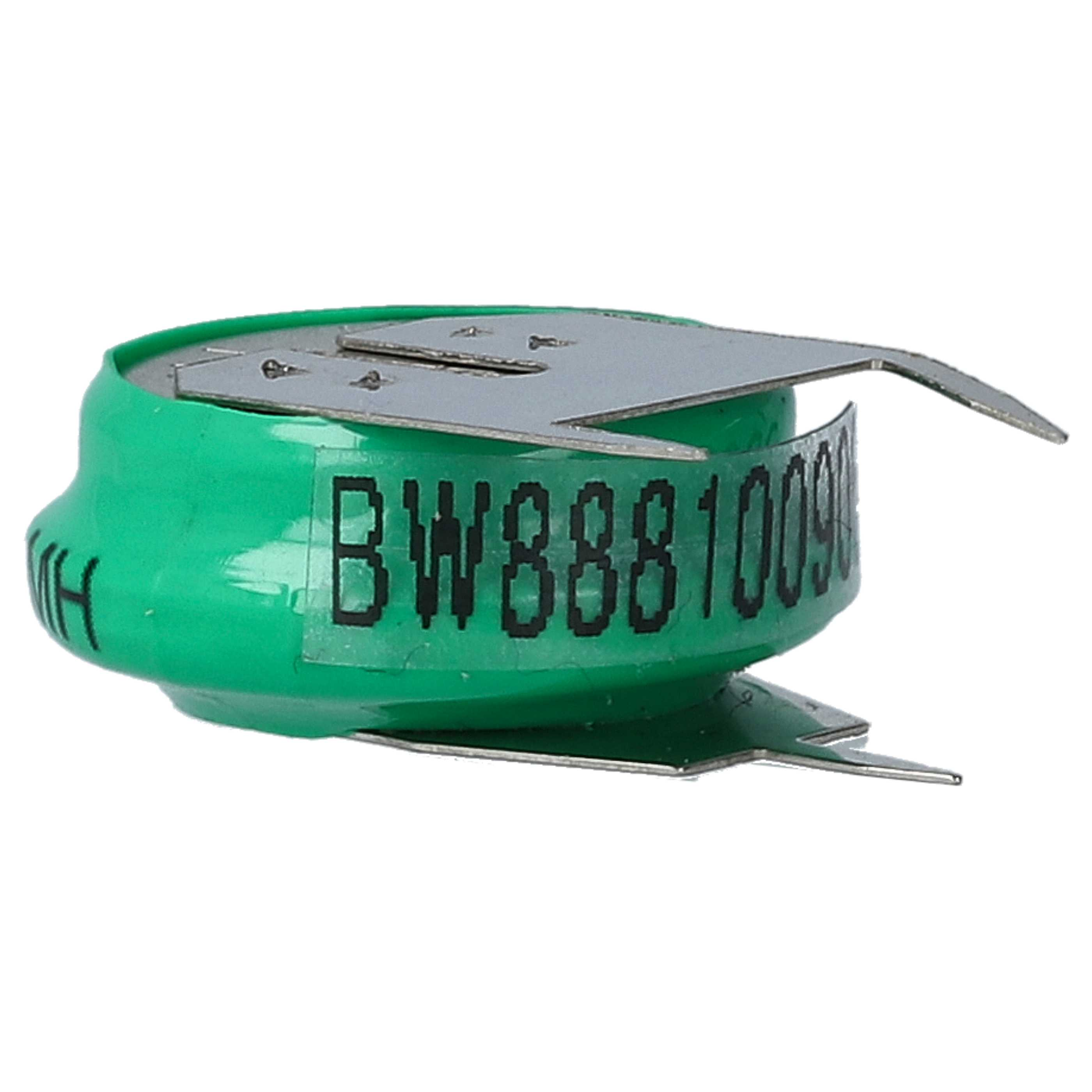 Eine grüne Knopfzelle mit Metalllaschen. Auf der Batterie steht 'BW8881009'.